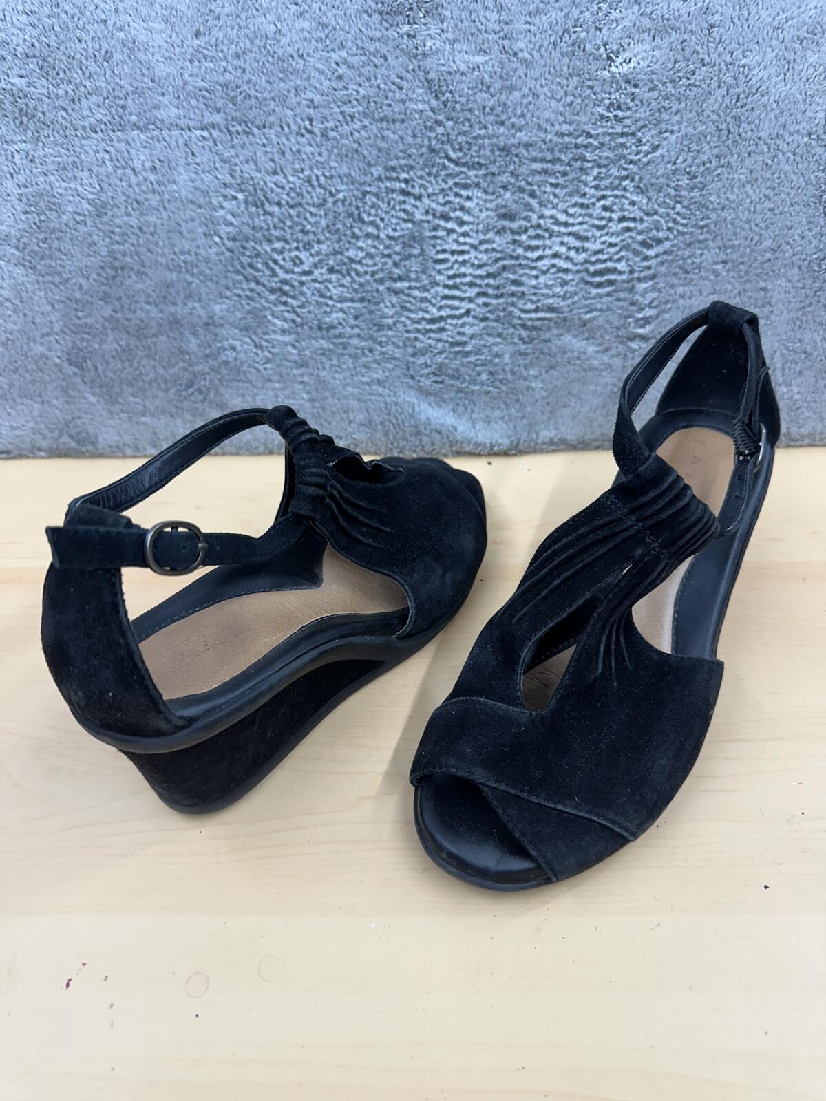 Earth Black Suede Wedge Sandals Y2K Boho Ankle Strap Open Toe Shoes