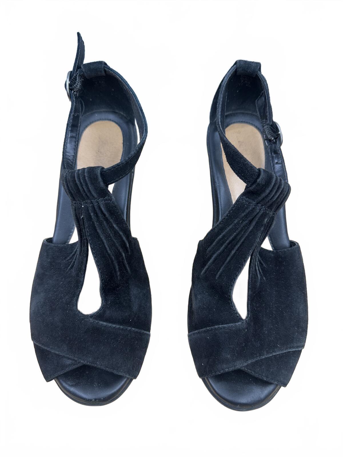 Earth Black Suede Wedge Sandals Y2K Boho Ankle Strap Open Toe Shoes