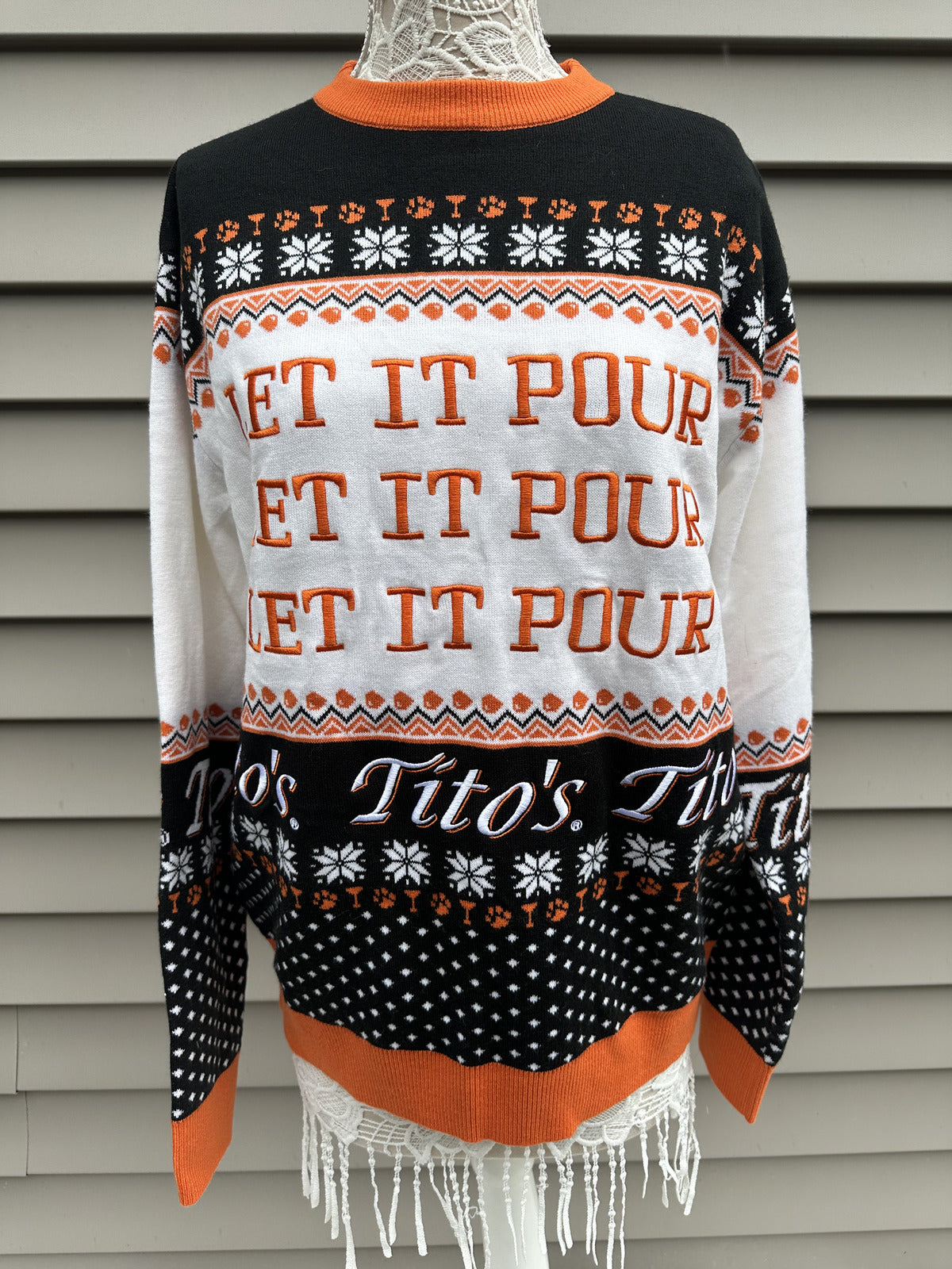 Tito's Handmade Vodka Let It Pour Holiday Sweater Black Orange Knit