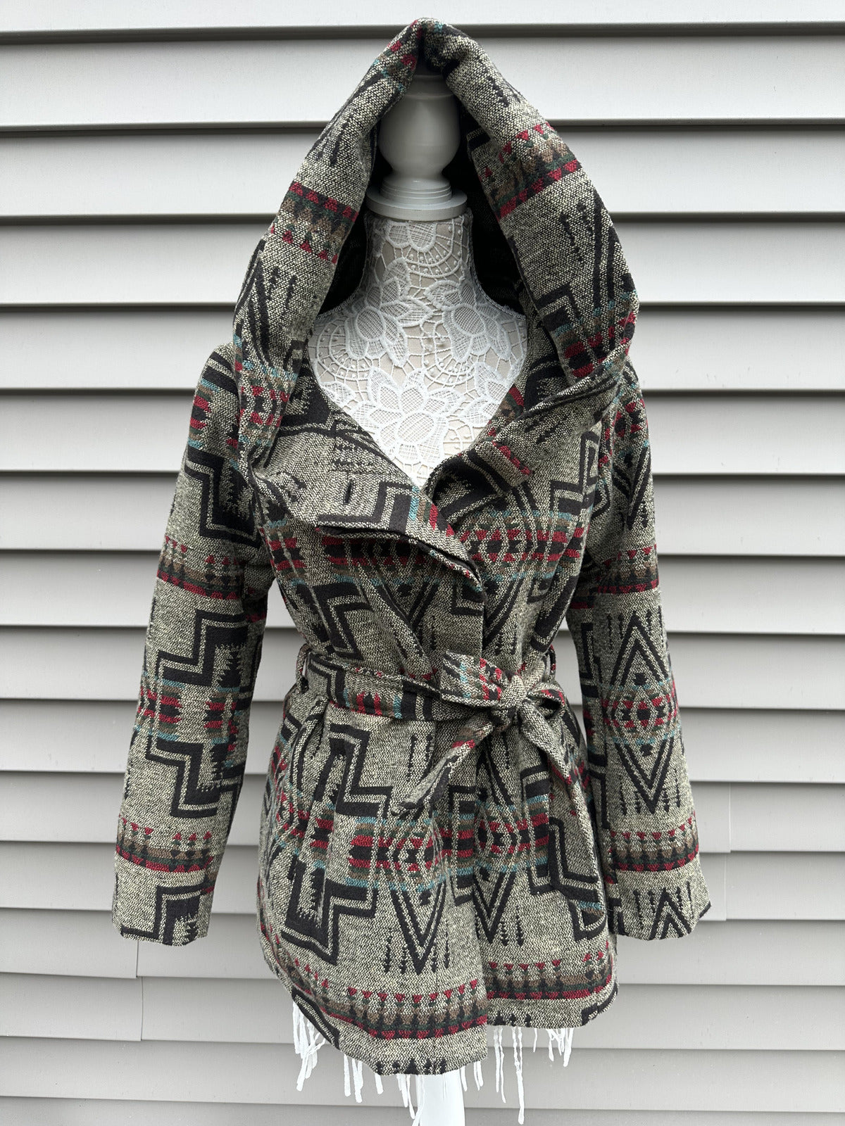 Mossimo Supply Co Aztec Pattern Hooded Coat with Waist Tie Beige Black Boho