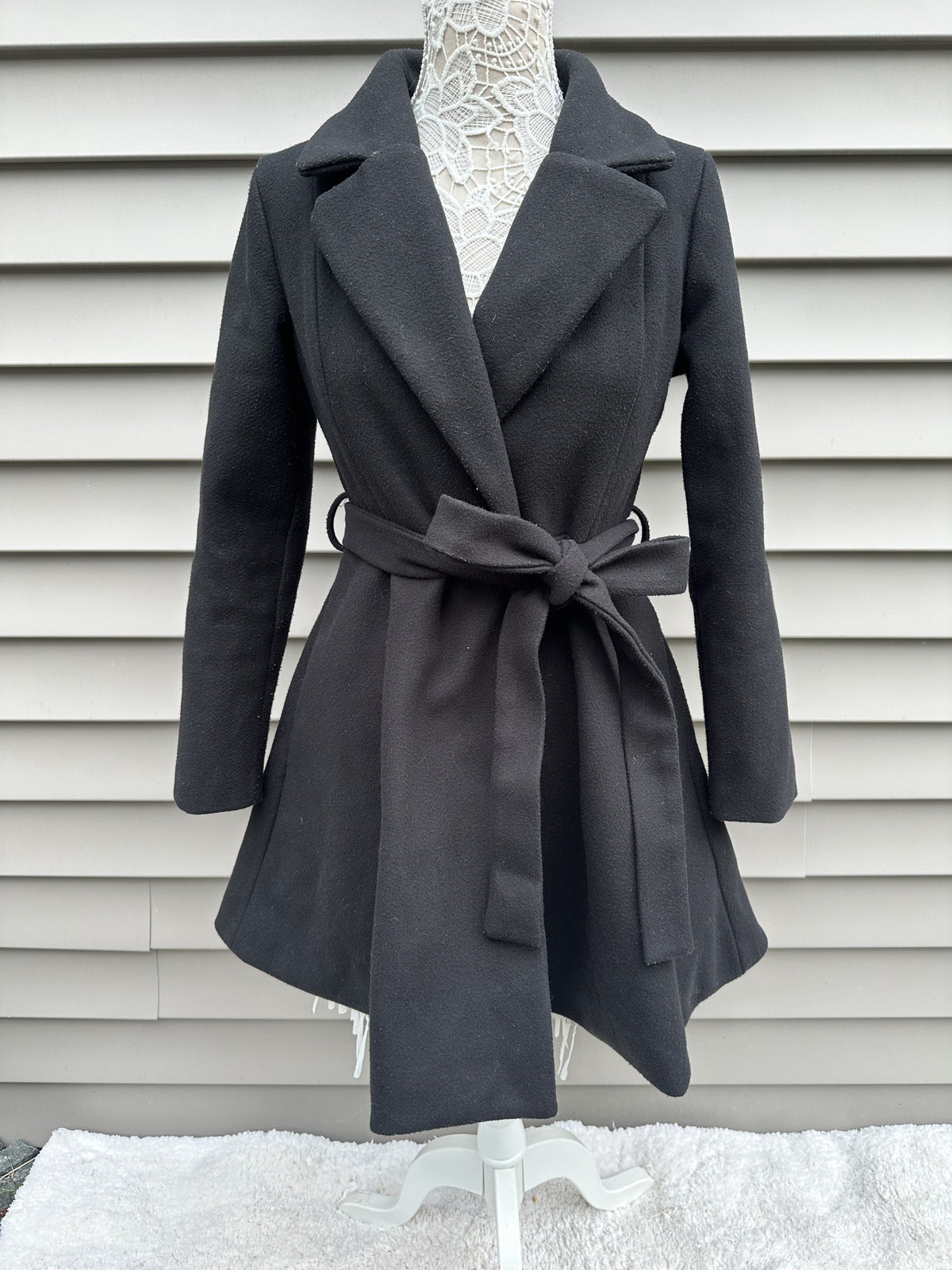 Belle Pogue Black Tie Belt Coat Classic Minimalist Chic Outerwear