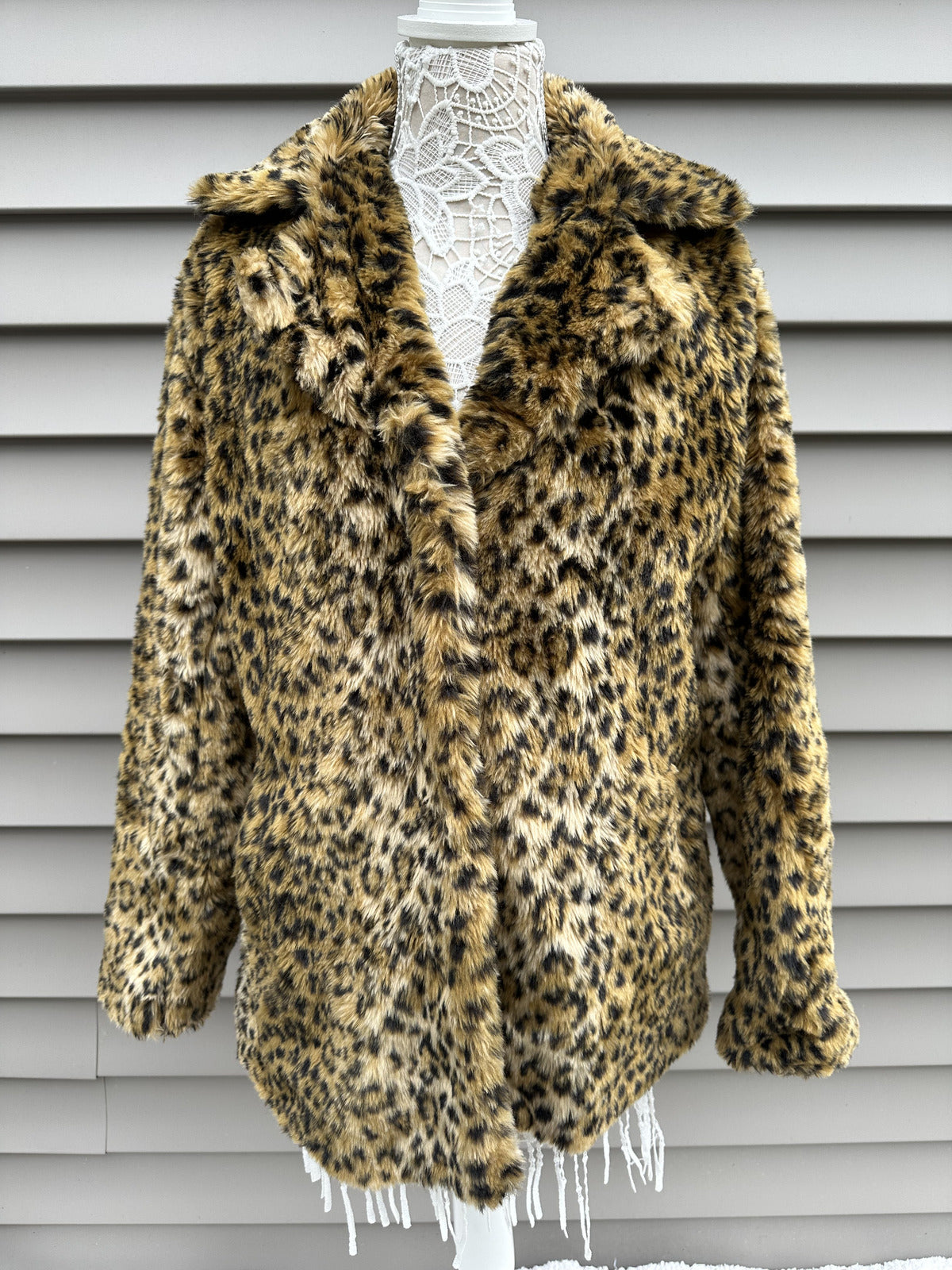 A New Day Faux Fur Leopard Print Coat Y2K Vintage Glam Pea Coat