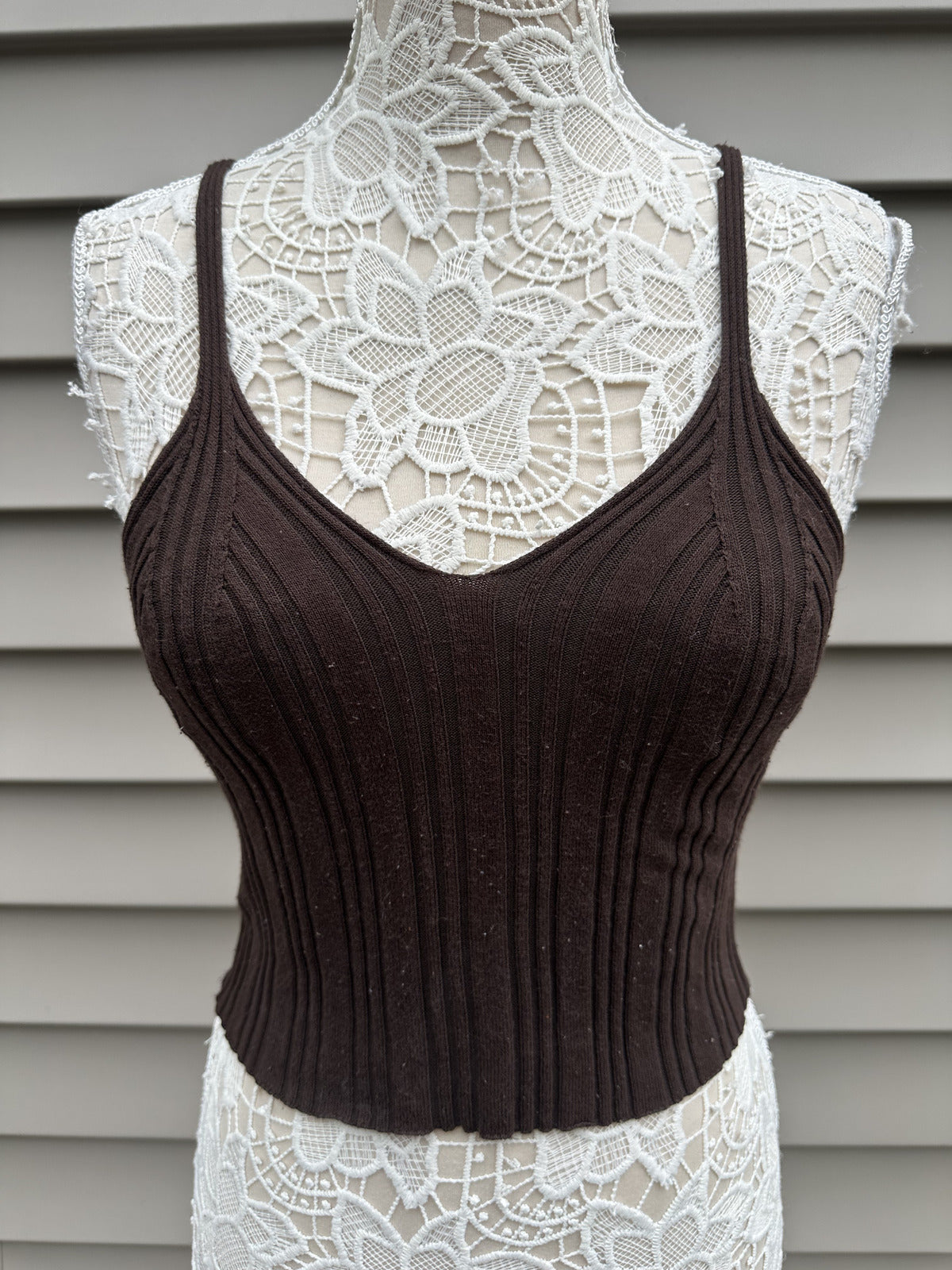 Cider Brown Ribbed Knit Crop Top Medium Minimalist Casual Contemporary