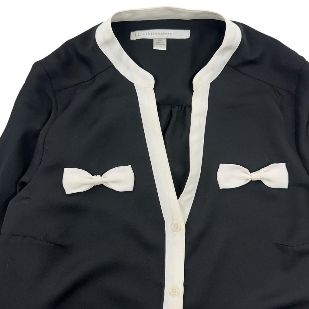 LC Lauren Conrad Black and White Chiffon Blouse with Bow Accents Feminine