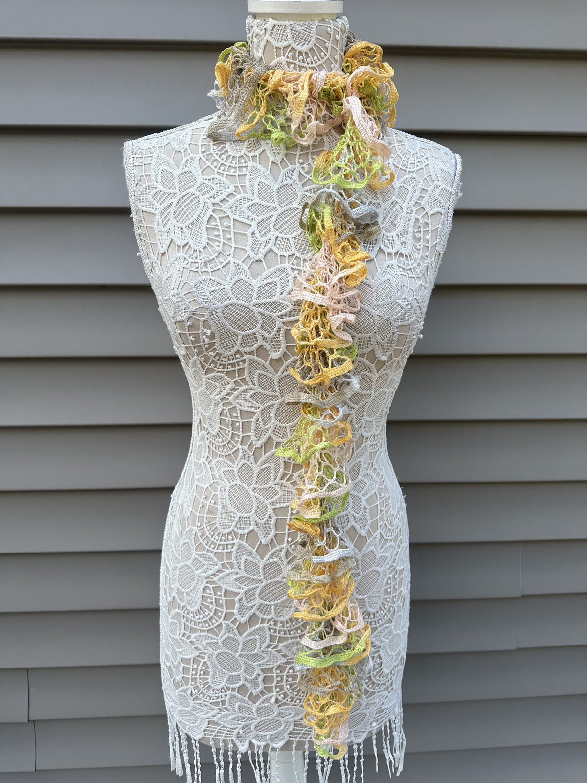 Handmade Crochet Ruffle Scarf in Pastel Yellow Green Peach and Gray Cottage