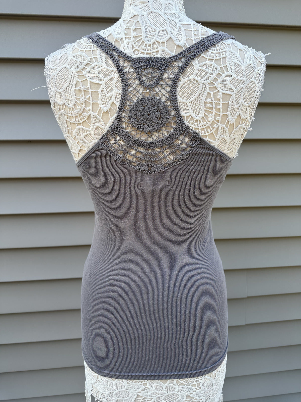 American Eagle Outfitters Gray Crochet Racerback Tank Top Y2K Vintage