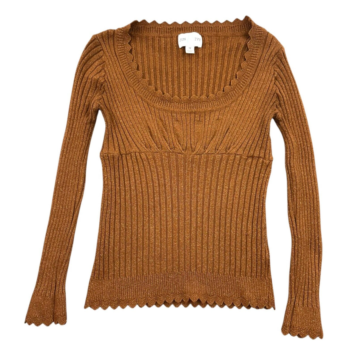 Jun & Ivy Metallic Copper Ribbed Knit Top with Scalloped Edges