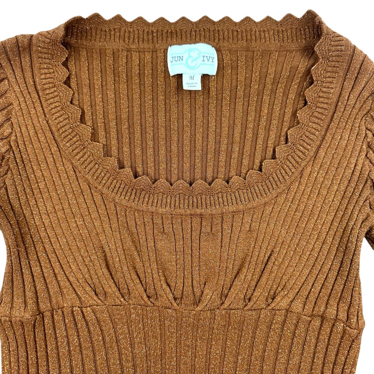 Jun & Ivy Metallic Copper Ribbed Knit Top with Scalloped Edges
