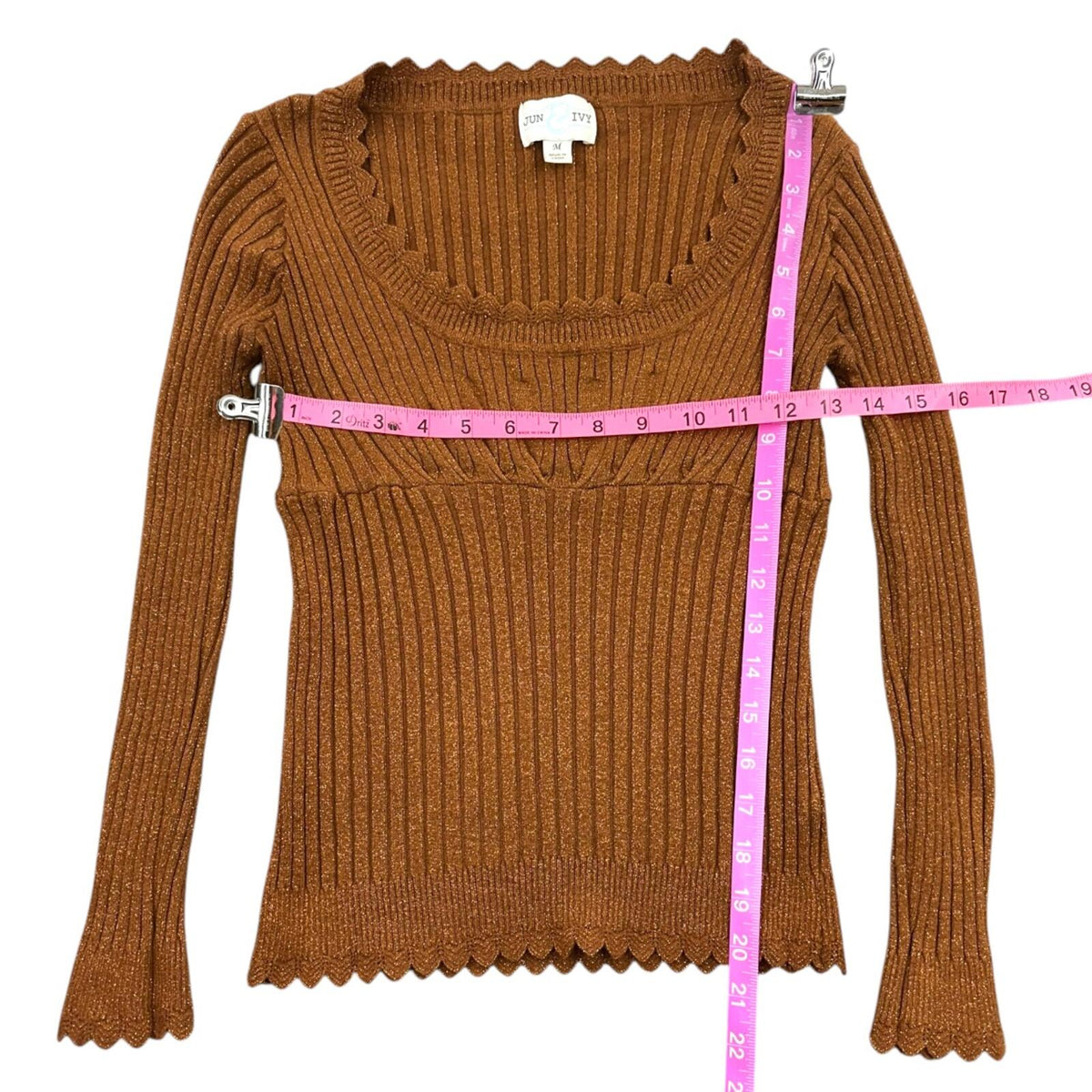 Jun & Ivy Metallic Copper Ribbed Knit Top with Scalloped Edges