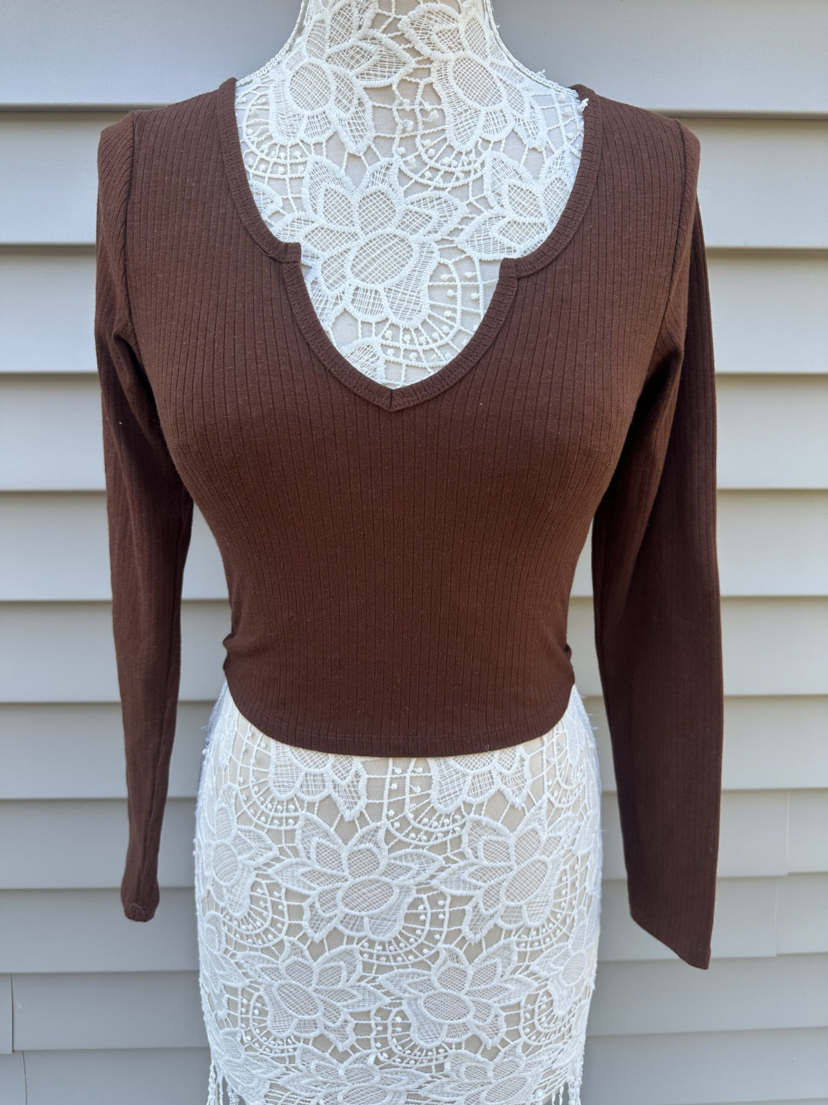 Bozzolo Brown Ribbed Long Sleeve Crop Top Casual Minimalist Y2K
