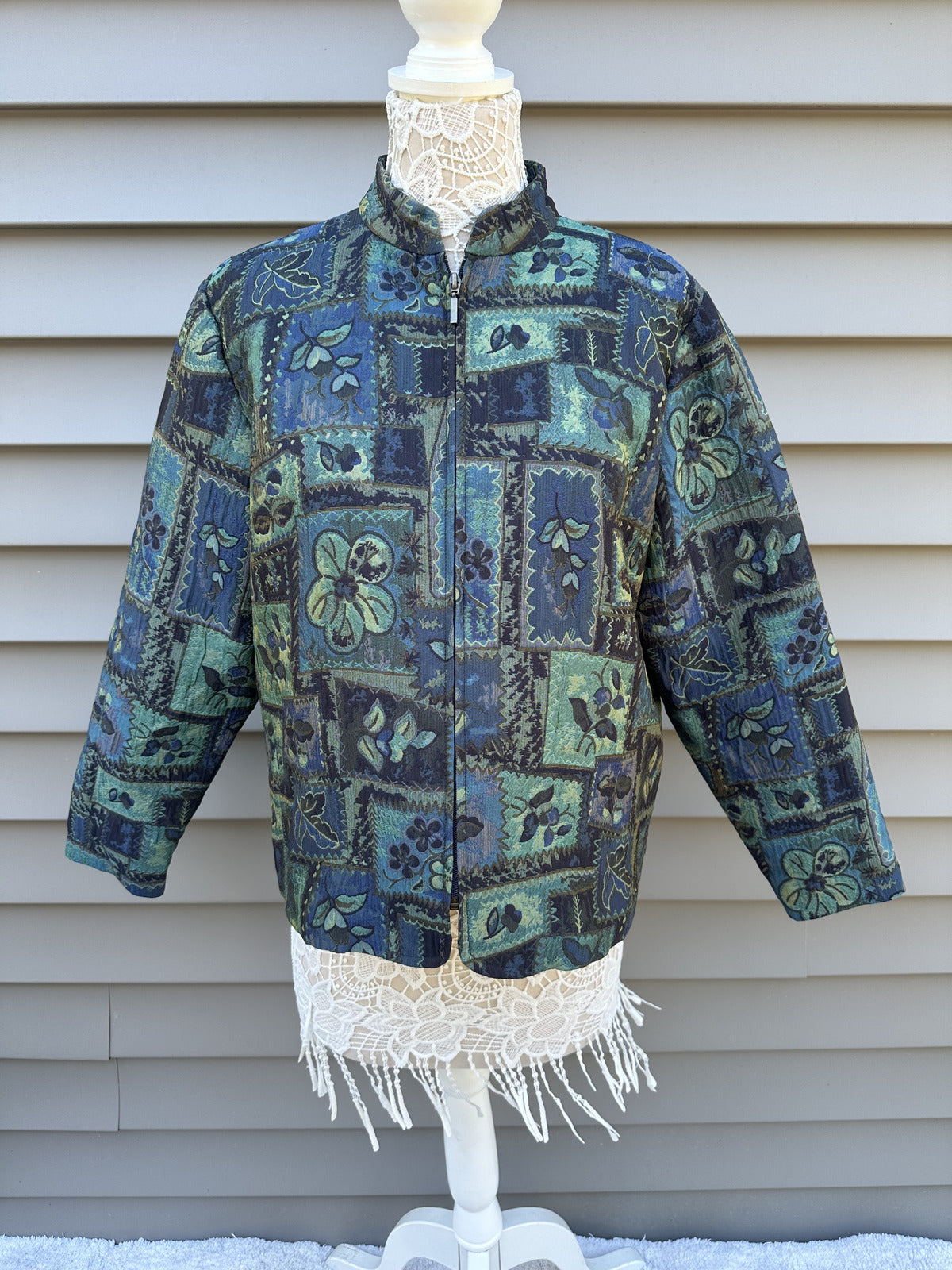 Coldwater Creek Vintage Inspired Patchwork Floral Jacket in Blue Green