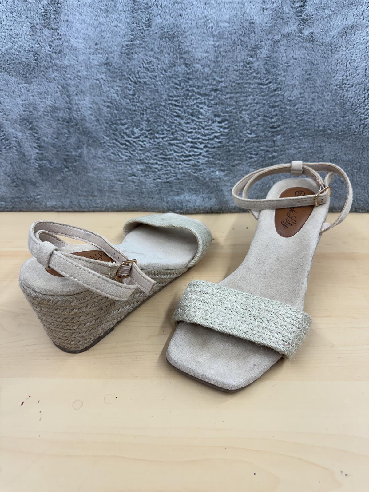 Pink Lily Woven Espadrille Wedge Sandals Beige Cream Ankle Strap Boho