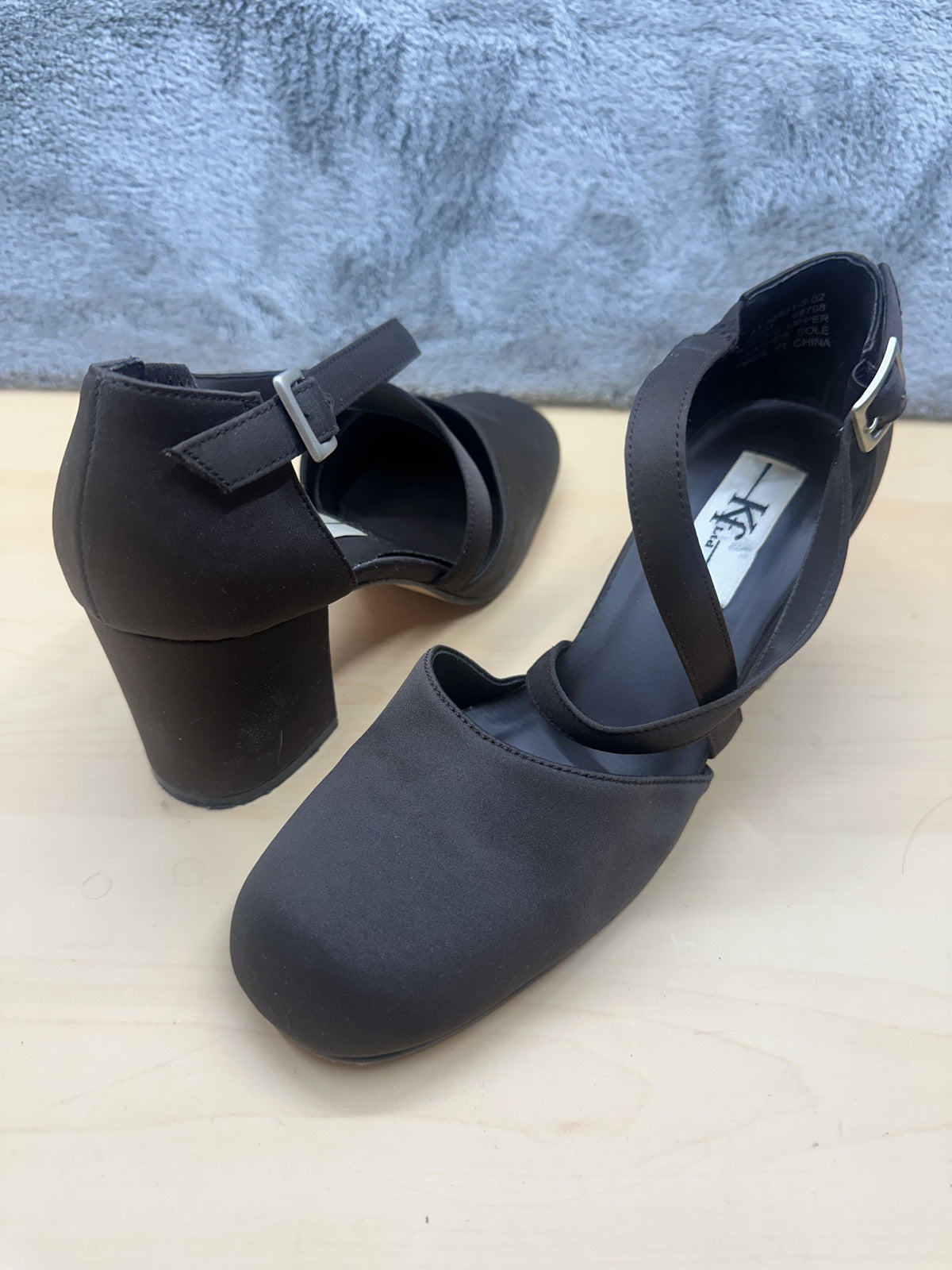 Kf Ltd Black Satin Mary Jane Heels with Crisscross Straps and Block Heel