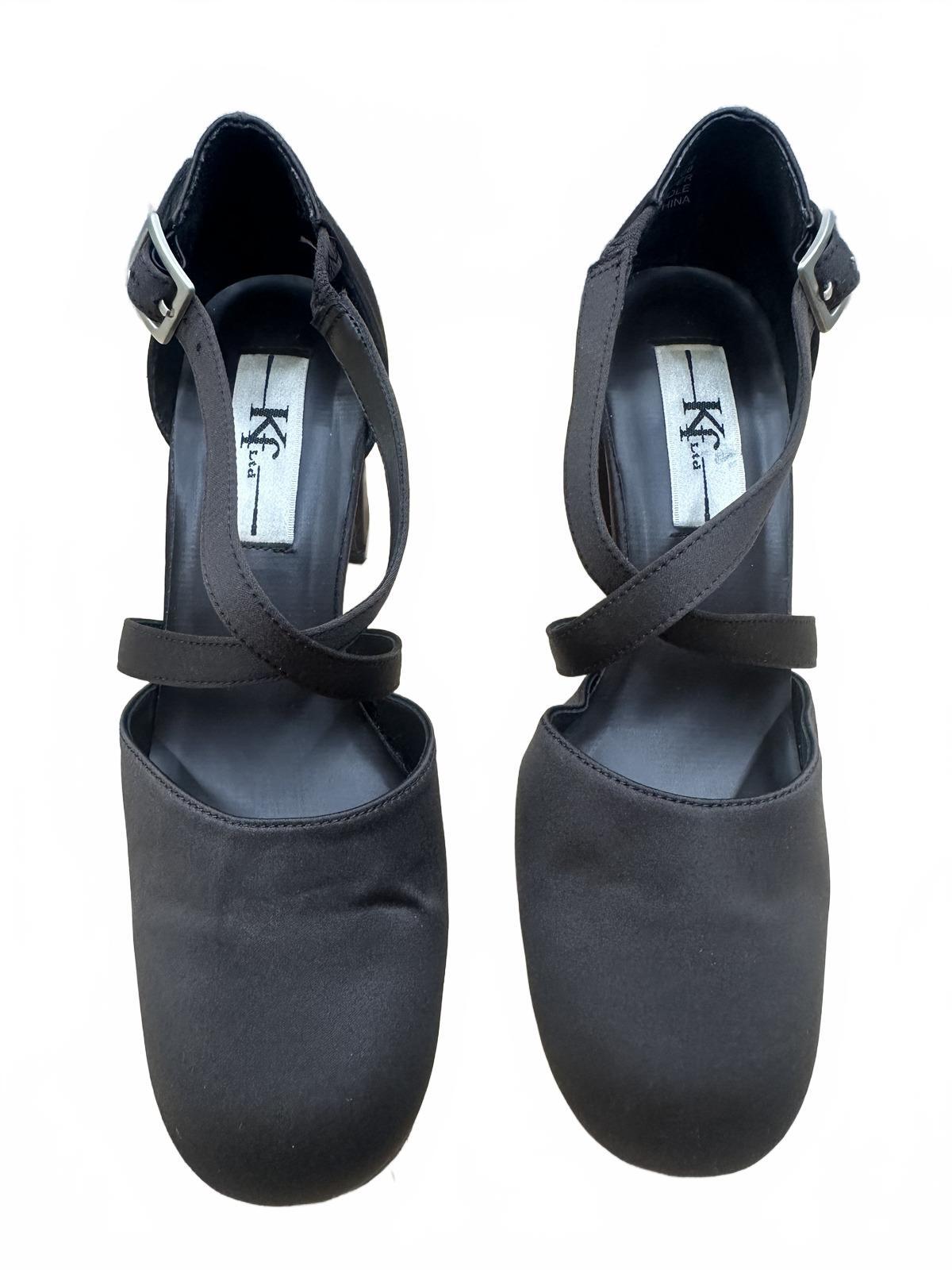 Kf Ltd Black Satin Mary Jane Heels with Crisscross Straps and Block Heel