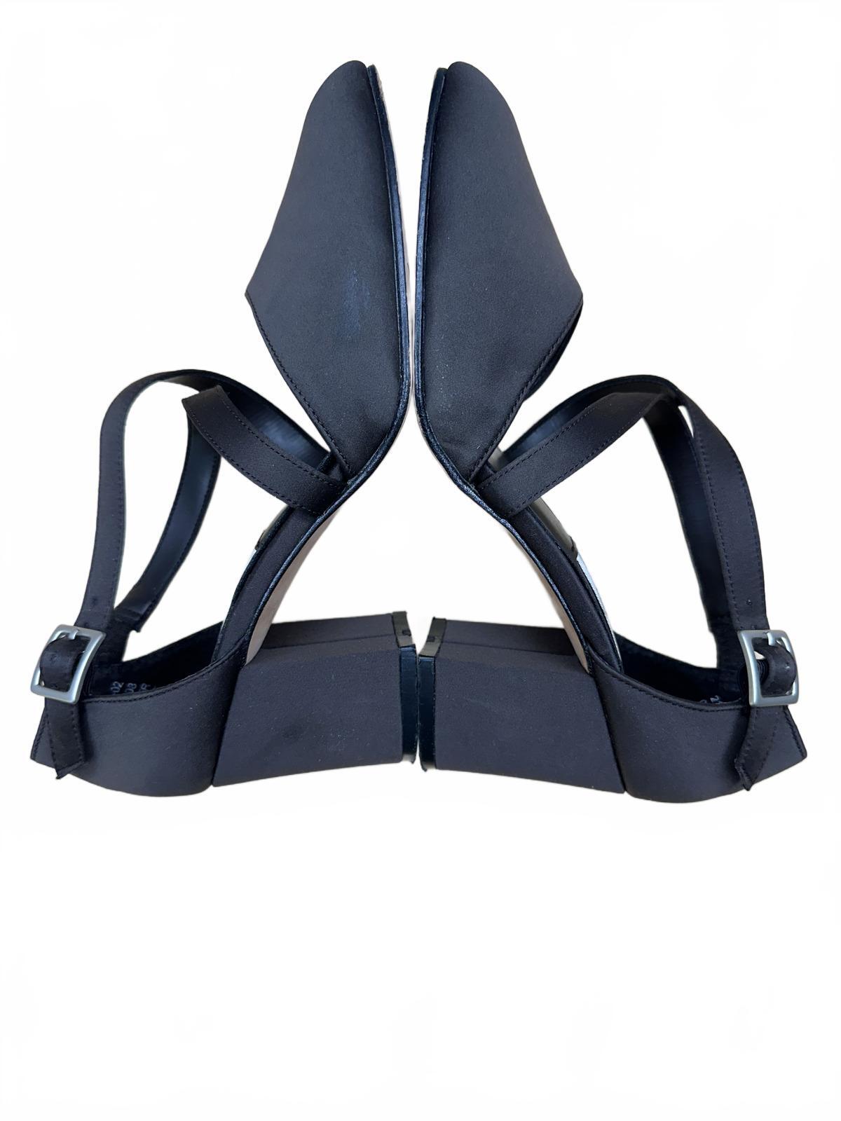 Kf Ltd Black Satin Mary Jane Heels with Crisscross Straps and Block Heel
