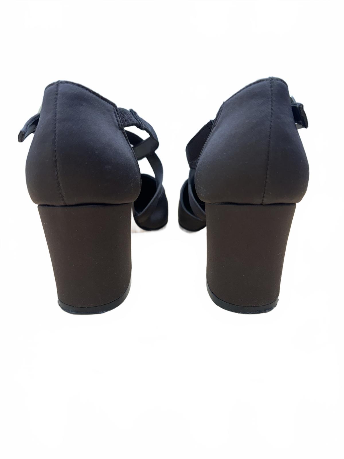 Kf Ltd Black Satin Mary Jane Heels with Crisscross Straps and Block Heel