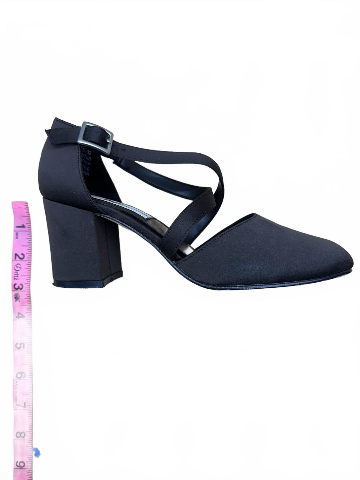 Kf Ltd Black Satin Mary Jane Heels with Crisscross Straps and Block Heel