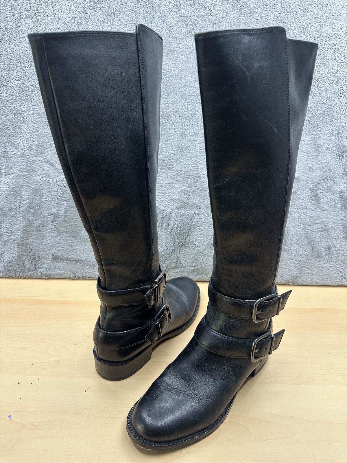 Via Spiga Black Leather Knee High Boots with Buckle Details
