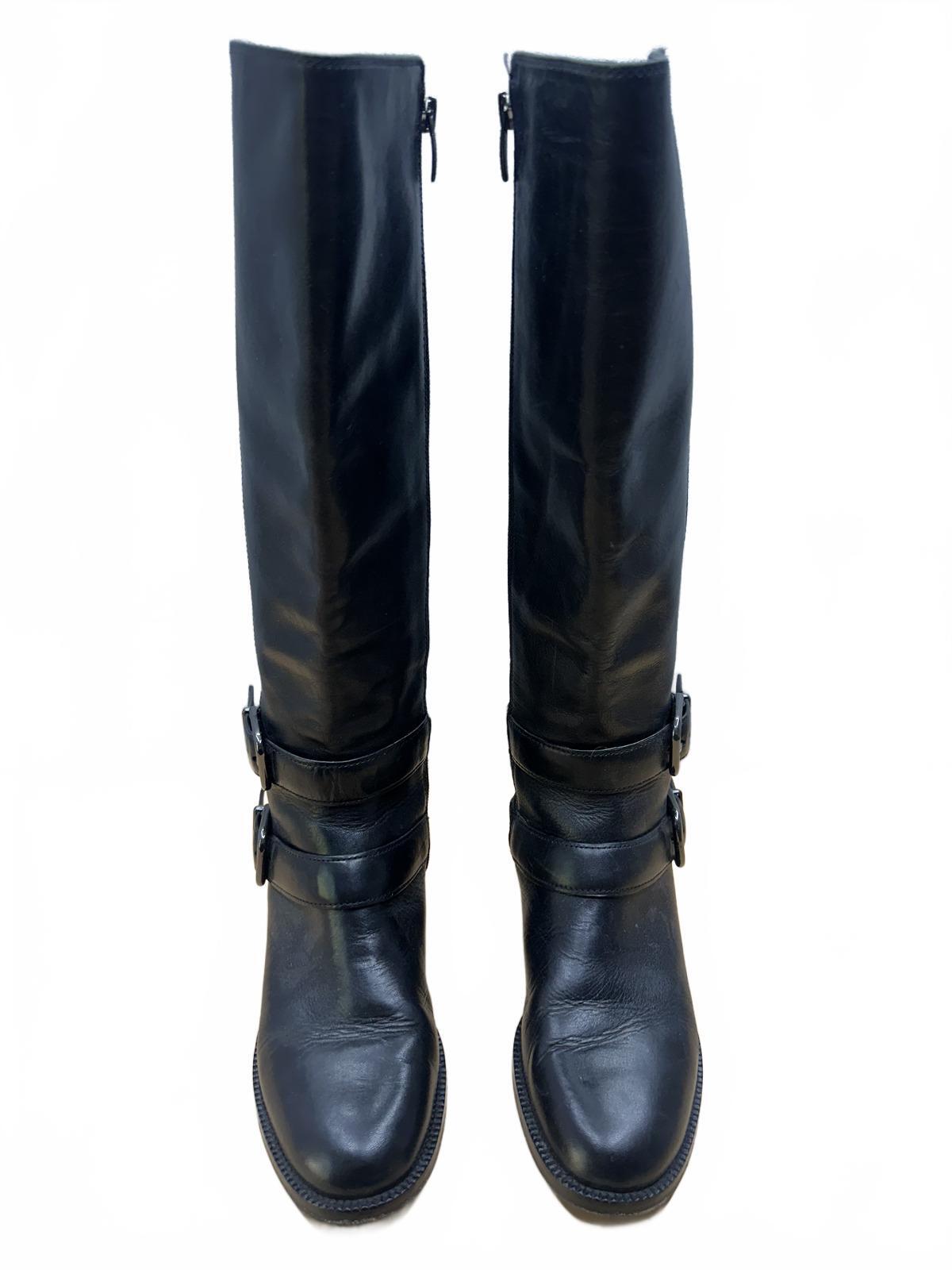 Via Spiga Black Leather Knee High Boots with Buckle Details
