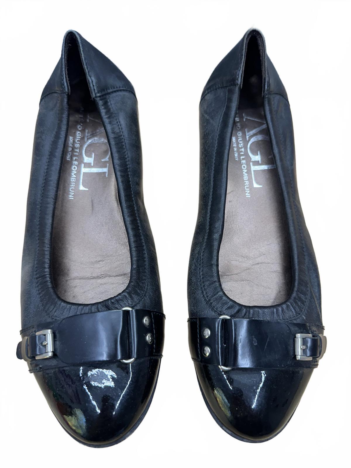 AGL Black Leather Ballet Flats with Patent Toe Cap and Buckle Detail
