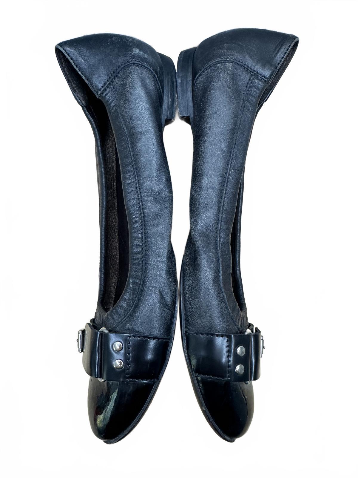 AGL Black Leather Ballet Flats with Patent Toe Cap and Buckle Detail