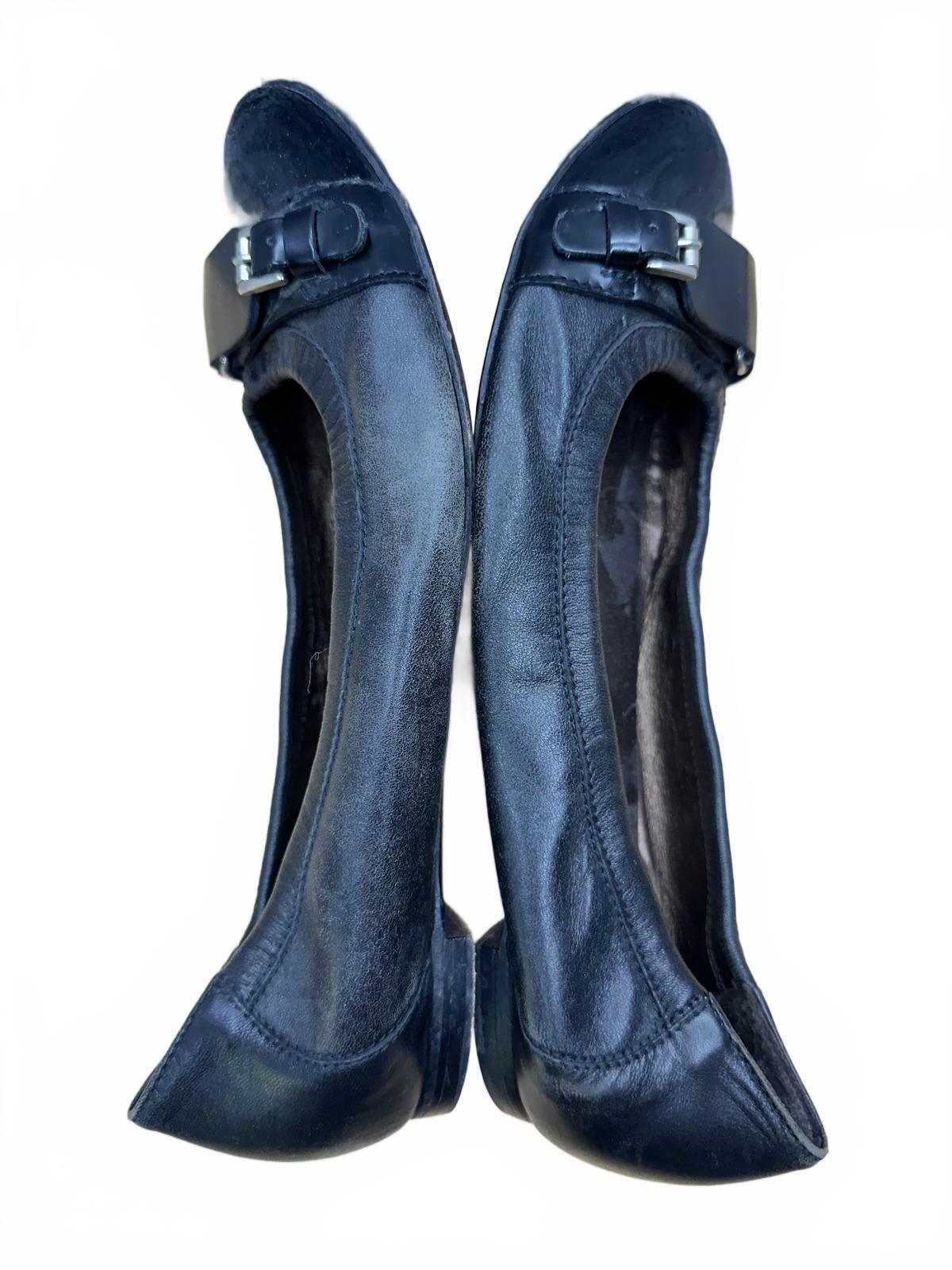 AGL Black Leather Ballet Flats with Patent Toe Cap and Buckle Detail