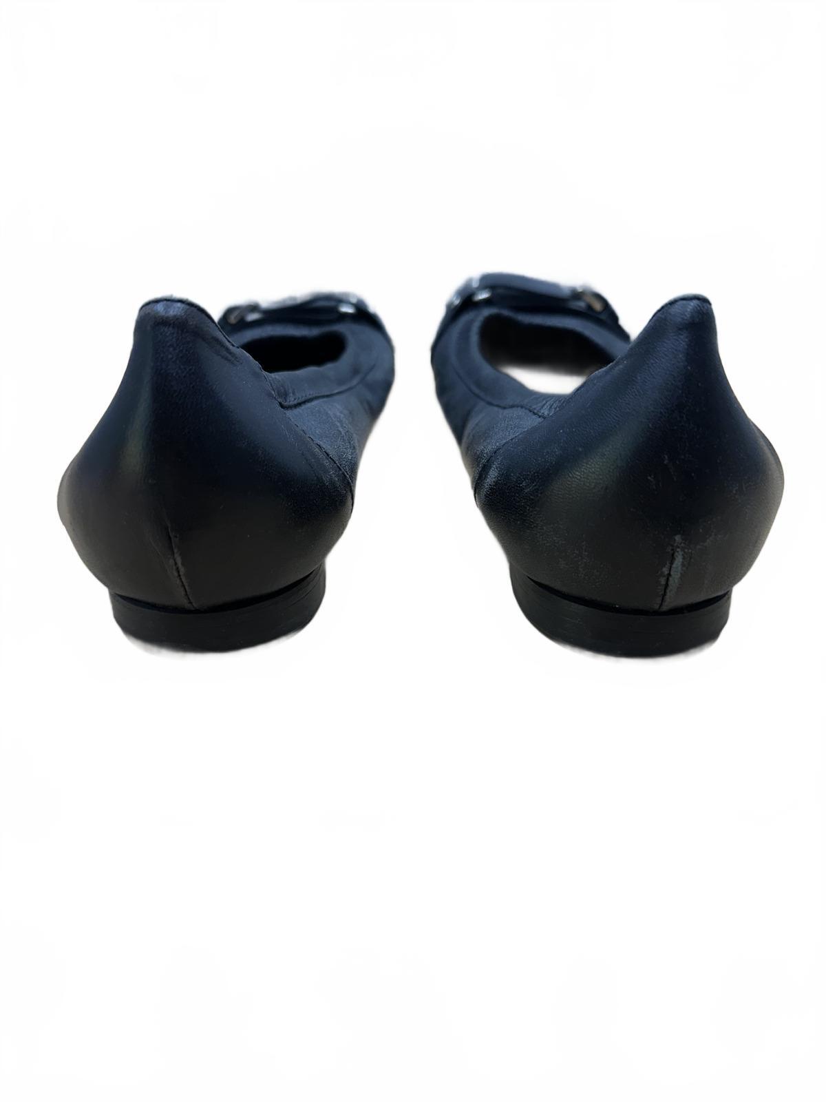 AGL Black Leather Ballet Flats with Patent Toe Cap and Buckle Detail
