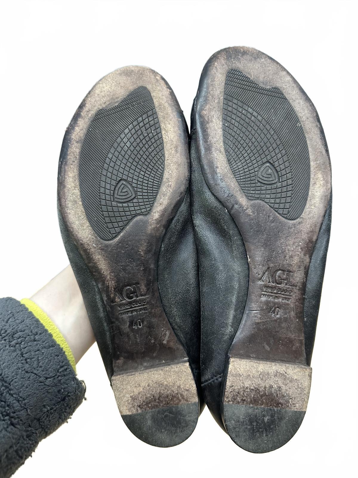 AGL Black Leather Ballet Flats with Patent Toe Cap and Buckle Detail