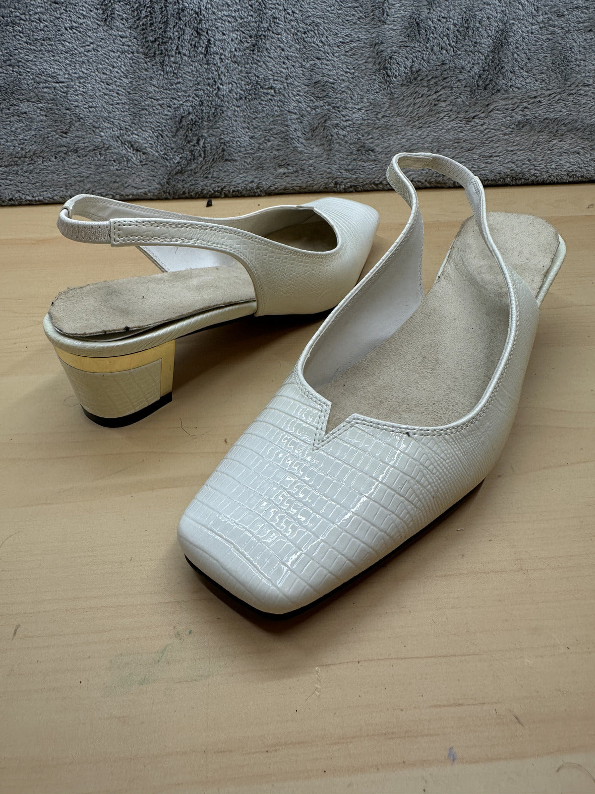 White Croc Embossed Slingback Heels with Gold Block Heel