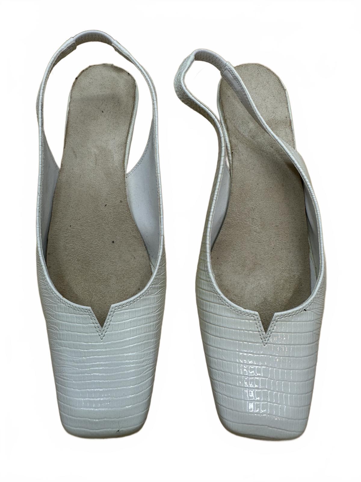White Croc Embossed Slingback Heels with Gold Block Heel
