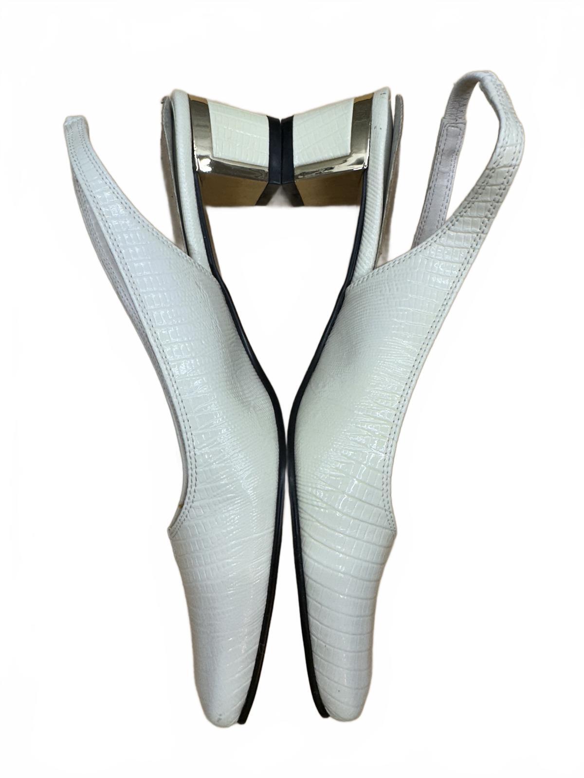 White Croc Embossed Slingback Heels with Gold Block Heel