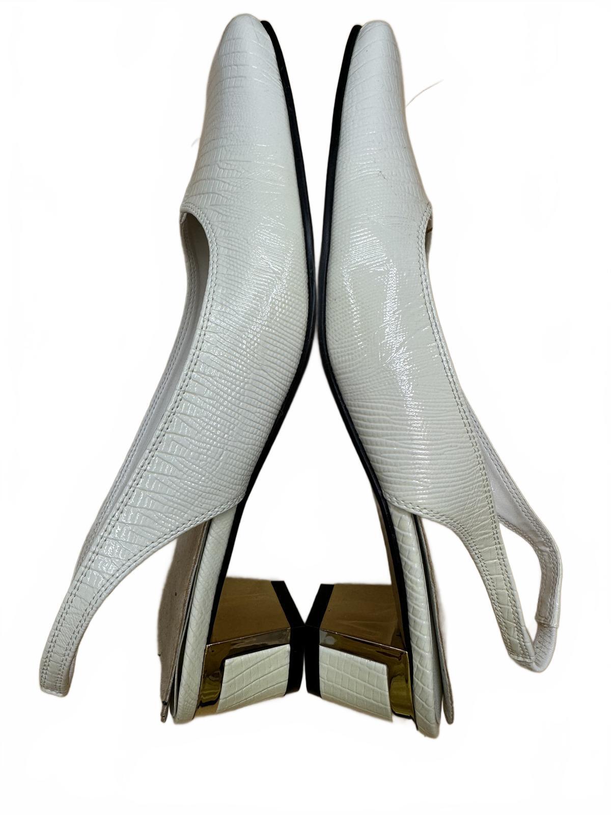 White Croc Embossed Slingback Heels with Gold Block Heel