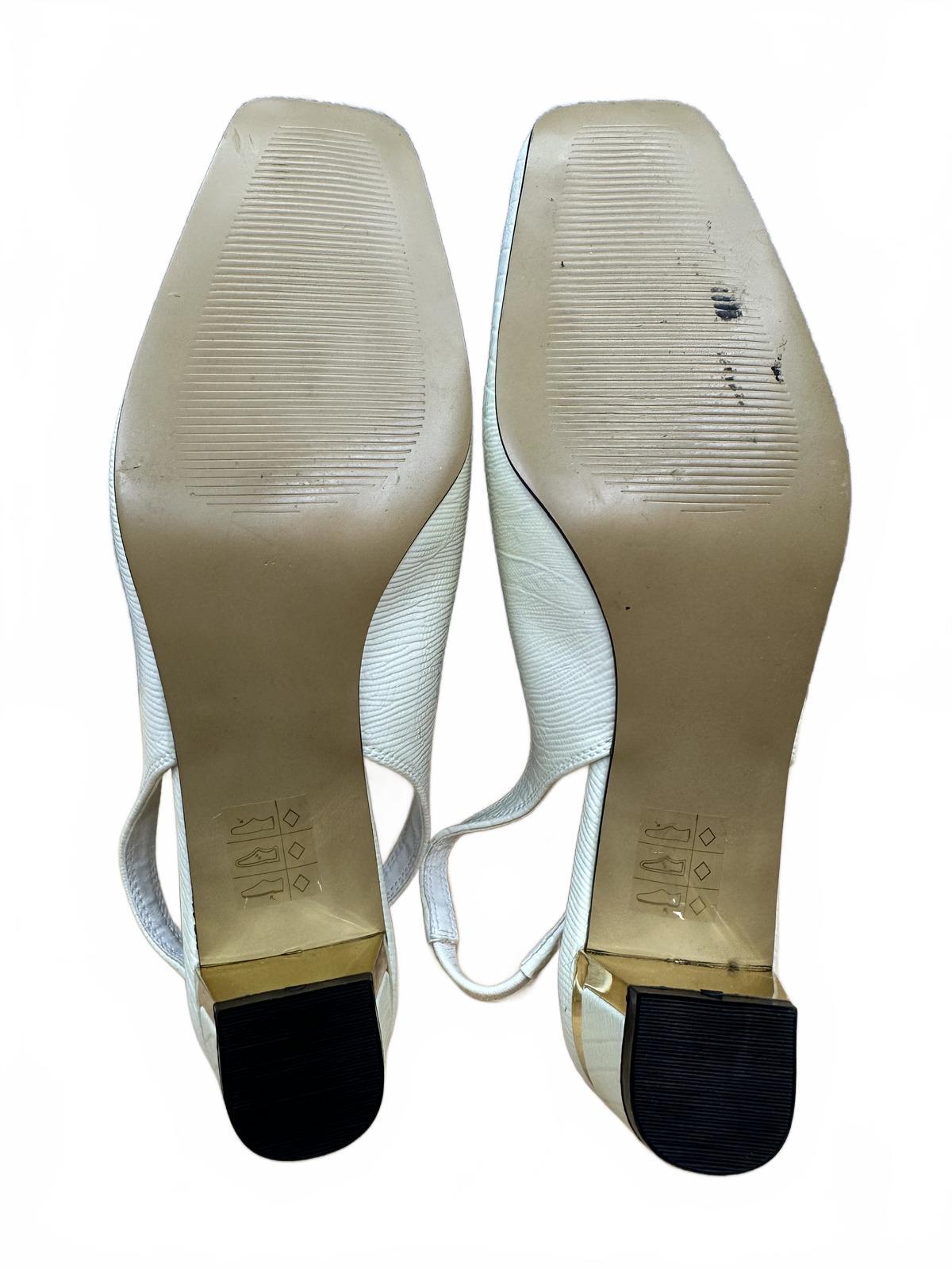 White Croc Embossed Slingback Heels with Gold Block Heel