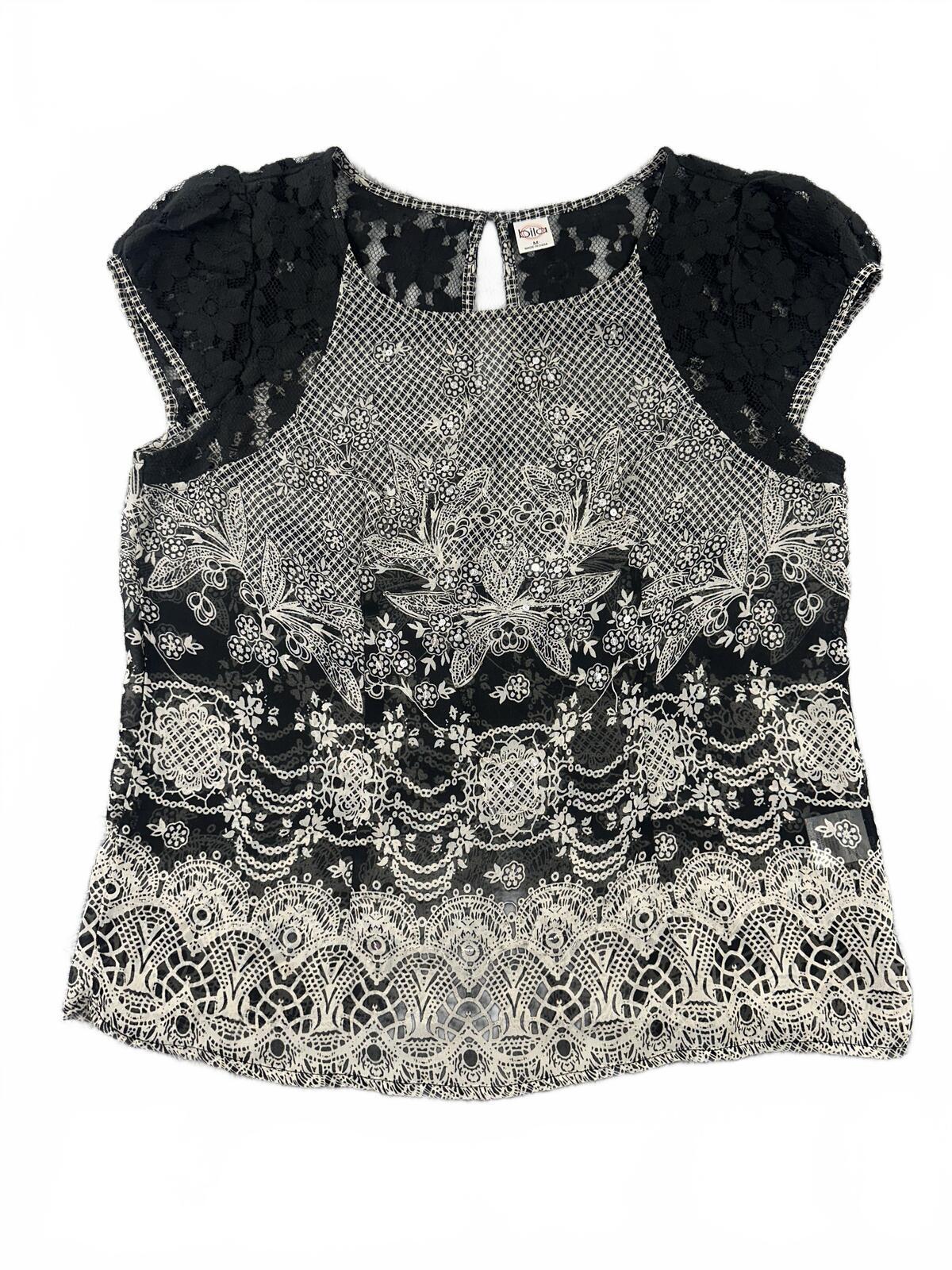 Y2K Fairycore Bila Black and White Lace Print Short Sleeve Blouse