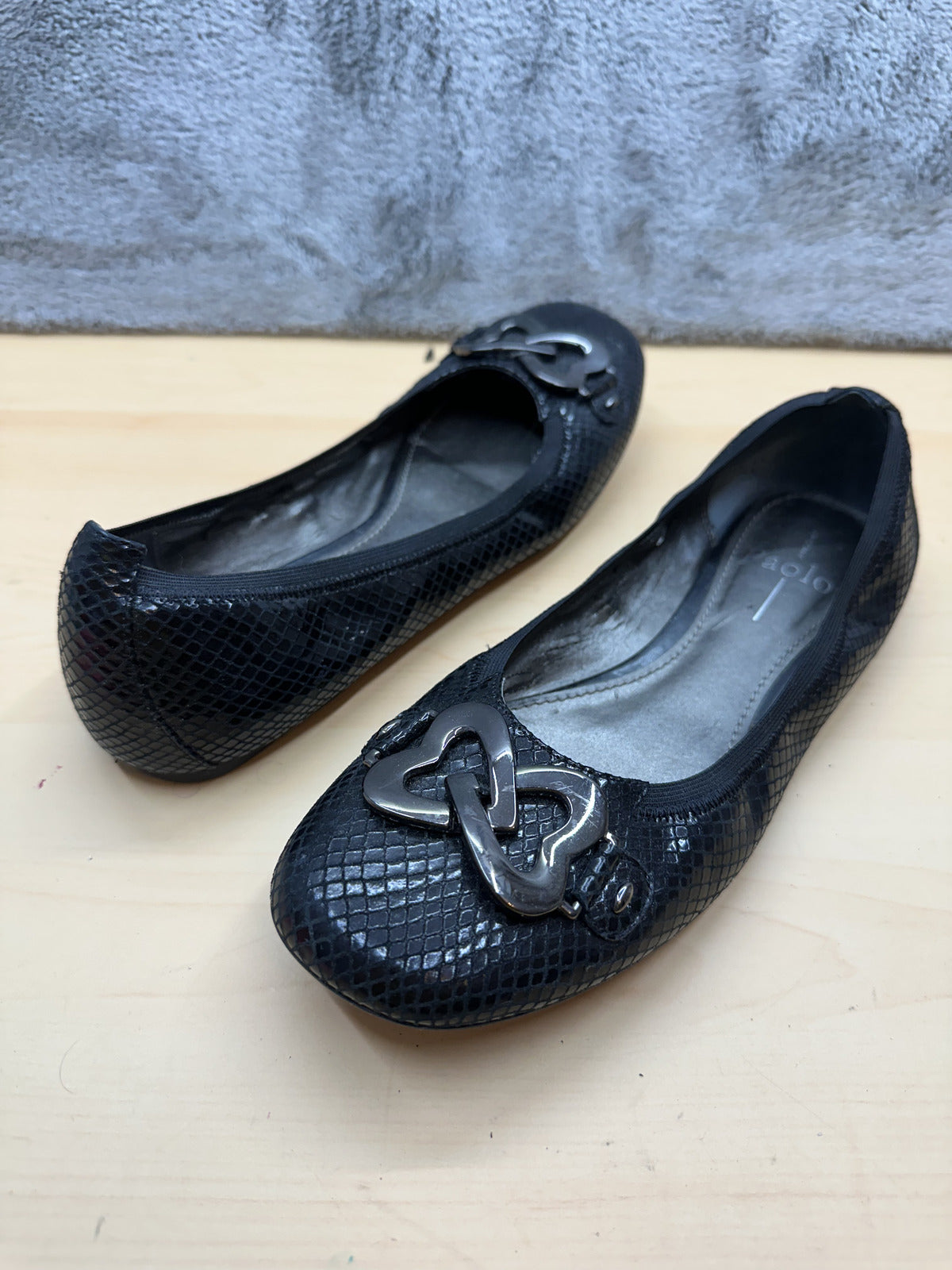 Paolo Black Textured Ballet Flats with Silver Metal Detail