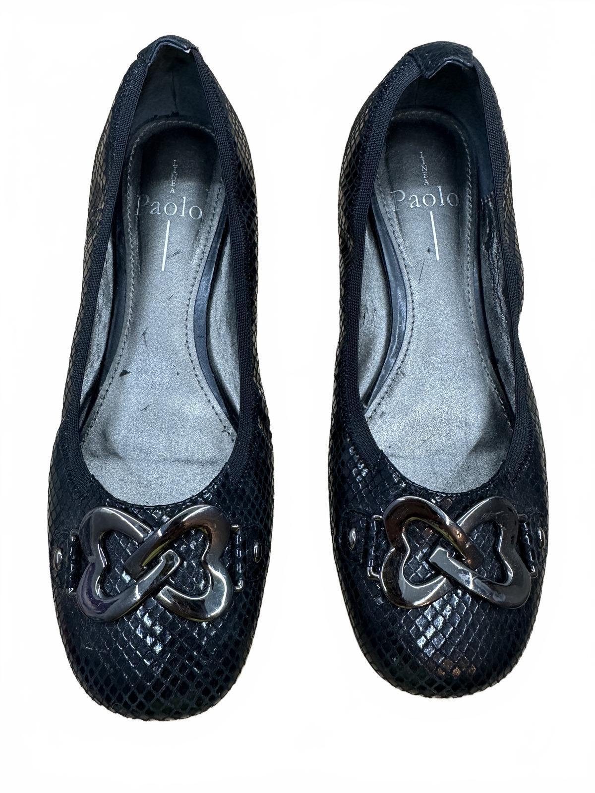 Paolo Black Textured Ballet Flats with Silver Metal Detail