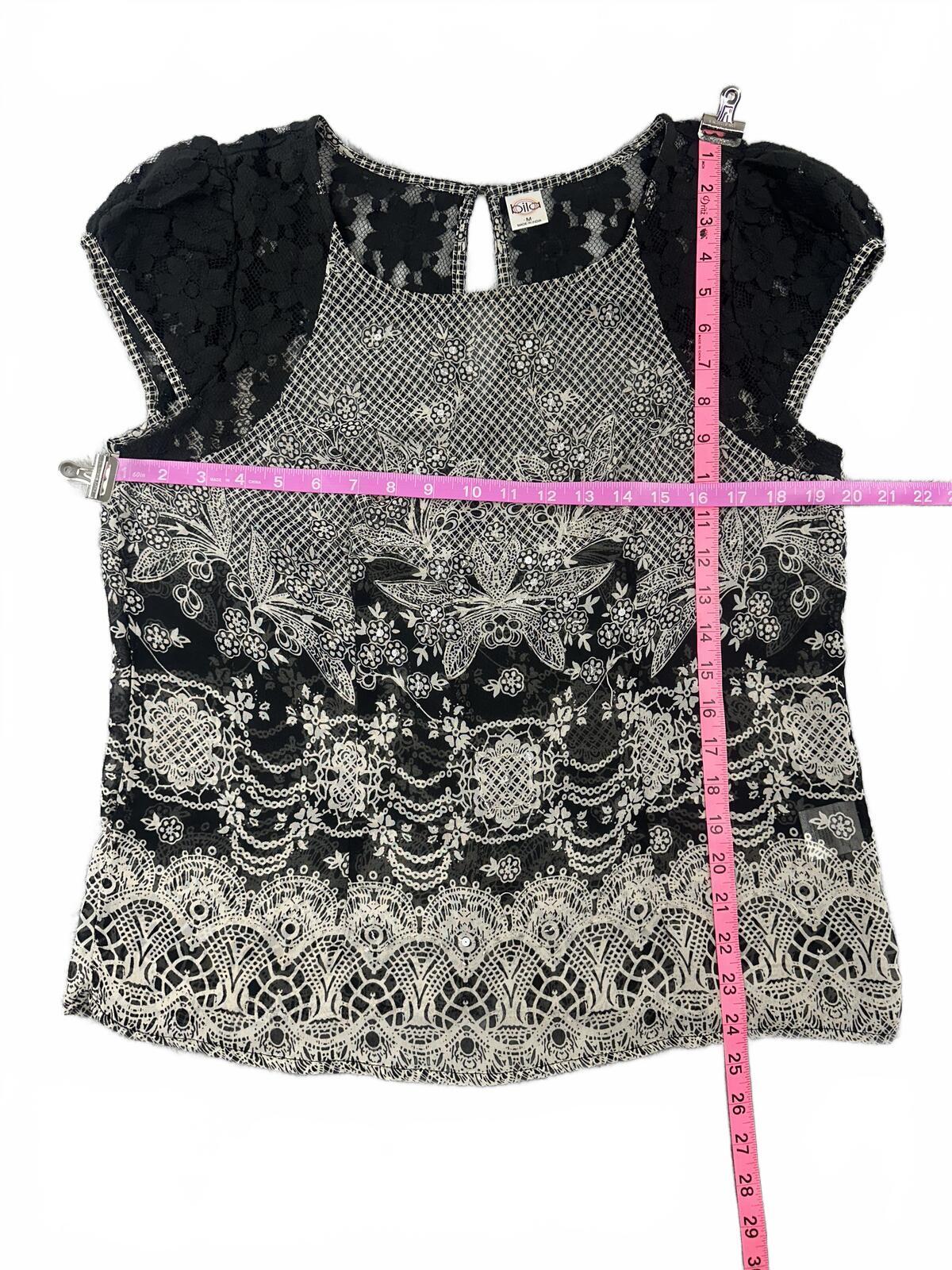 Y2K Fairycore Bila Black and White Lace Print Short Sleeve Blouse