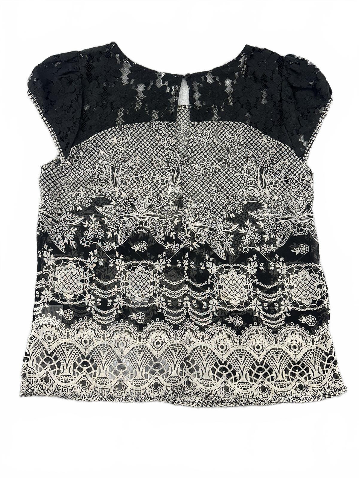Y2K Fairycore Bila Black and White Lace Print Short Sleeve Blouse