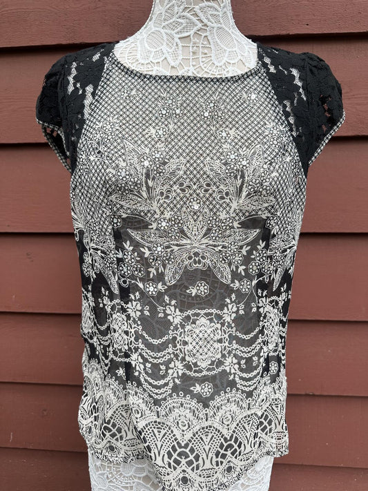 Y2K Fairycore Bila Black and White Lace Print Short Sleeve Blouse