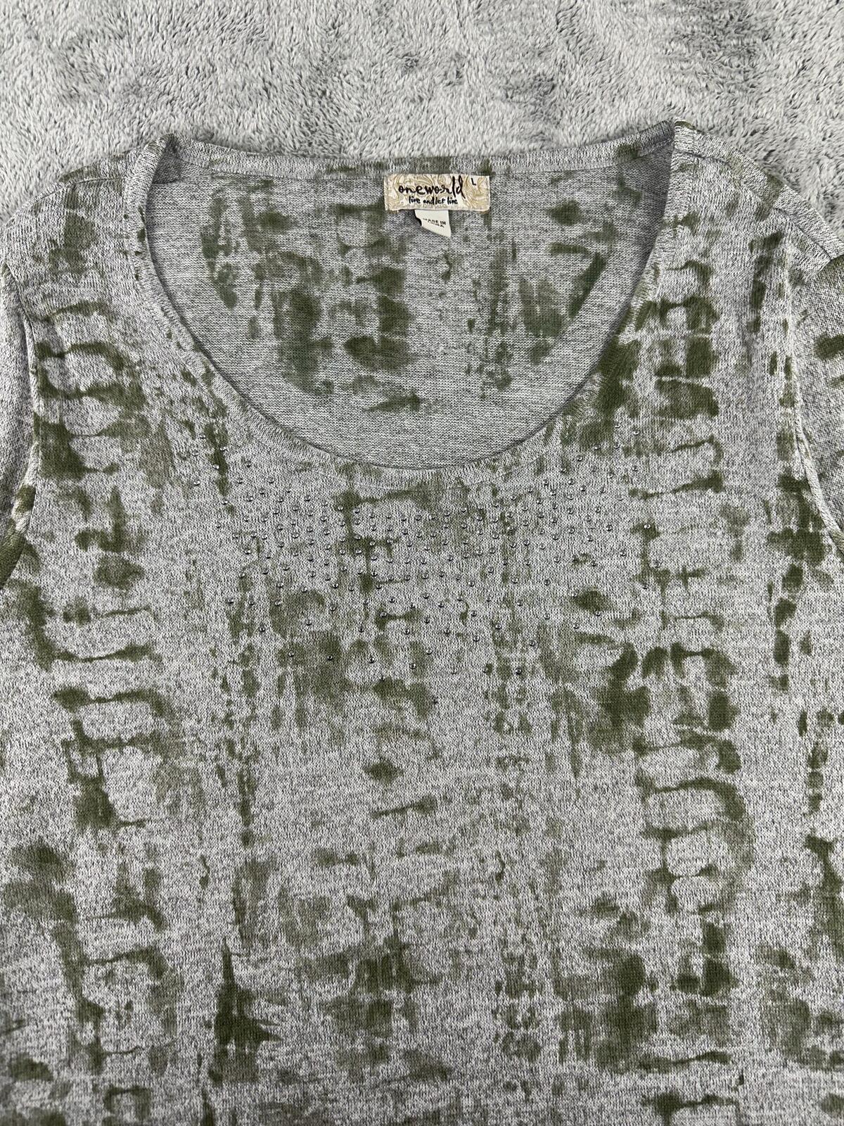 One World Boho Y2K Tunic Top Gray Olive Paisley Long Sleeve Festival