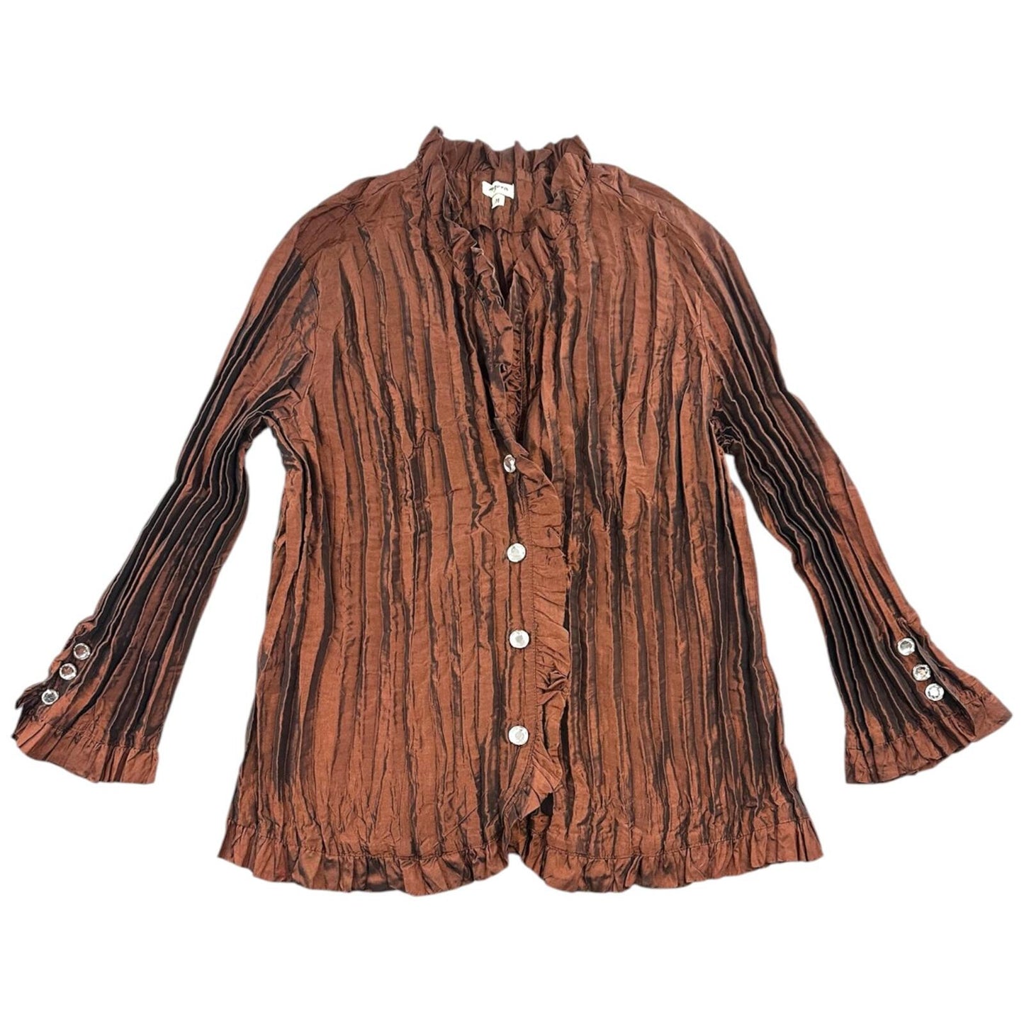 Agora Metallic Copper Accordion Pleated Blouse with Ruffle Trim