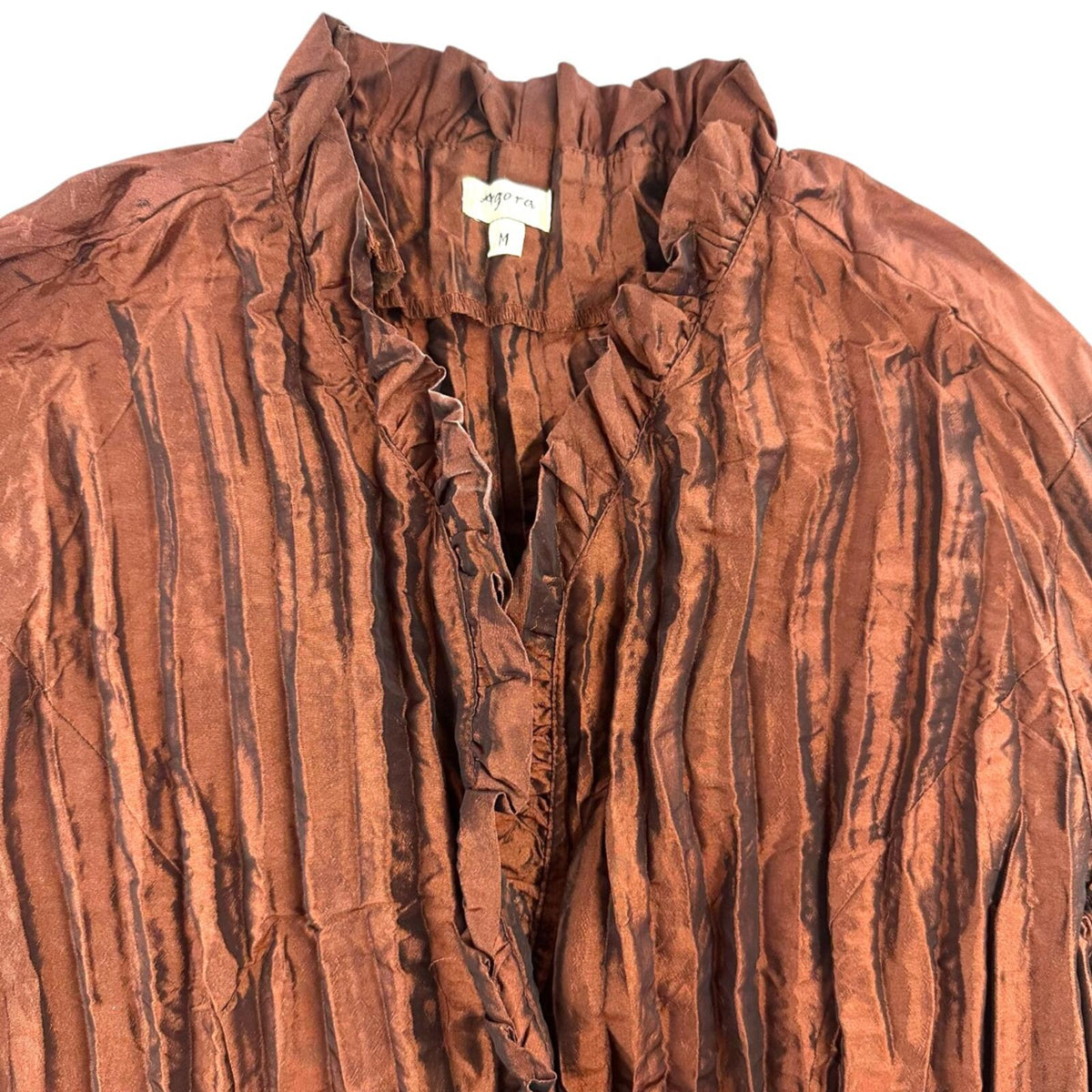 Agora Metallic Copper Accordion Pleated Blouse with Ruffle Trim