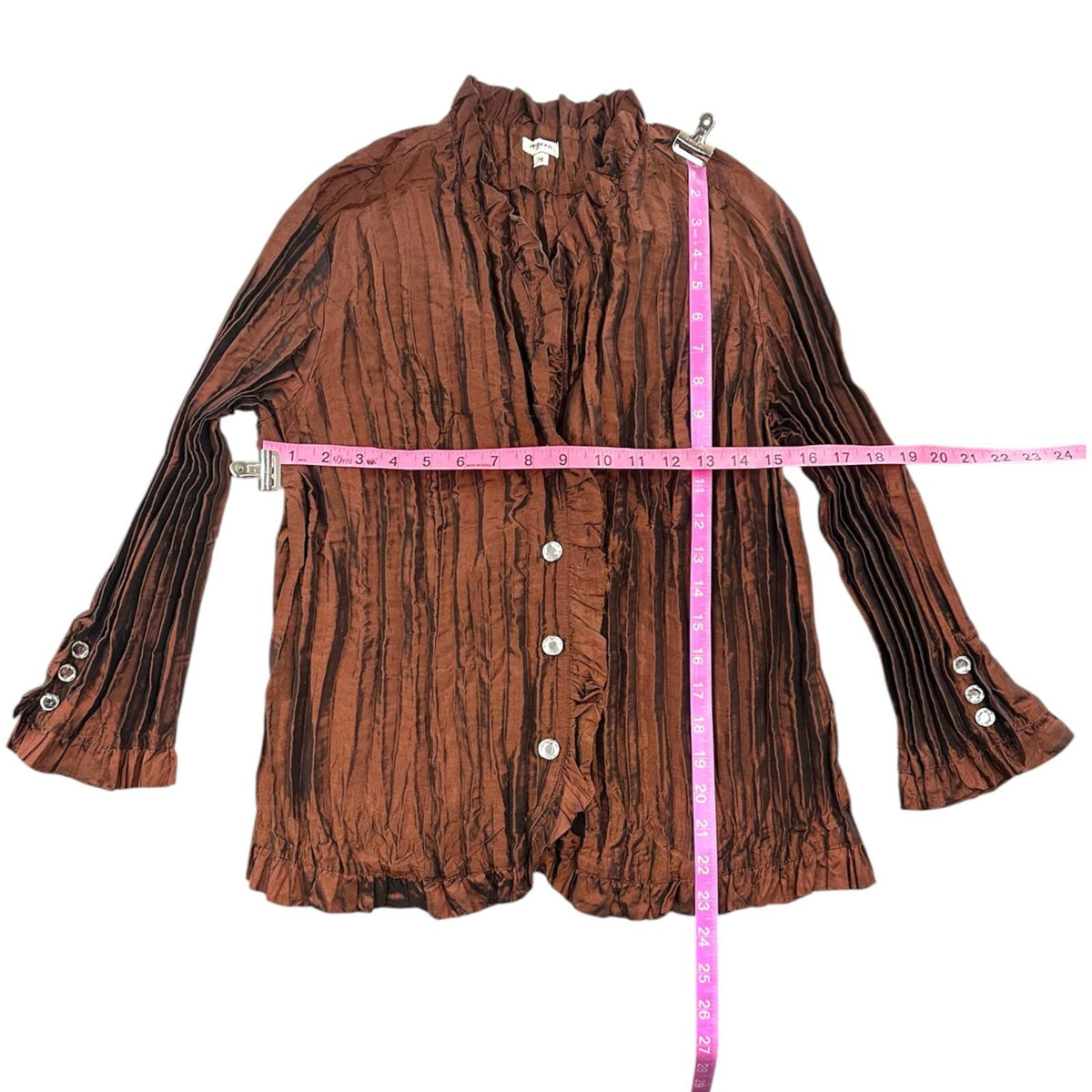 Agora Metallic Copper Accordion Pleated Blouse with Ruffle Trim