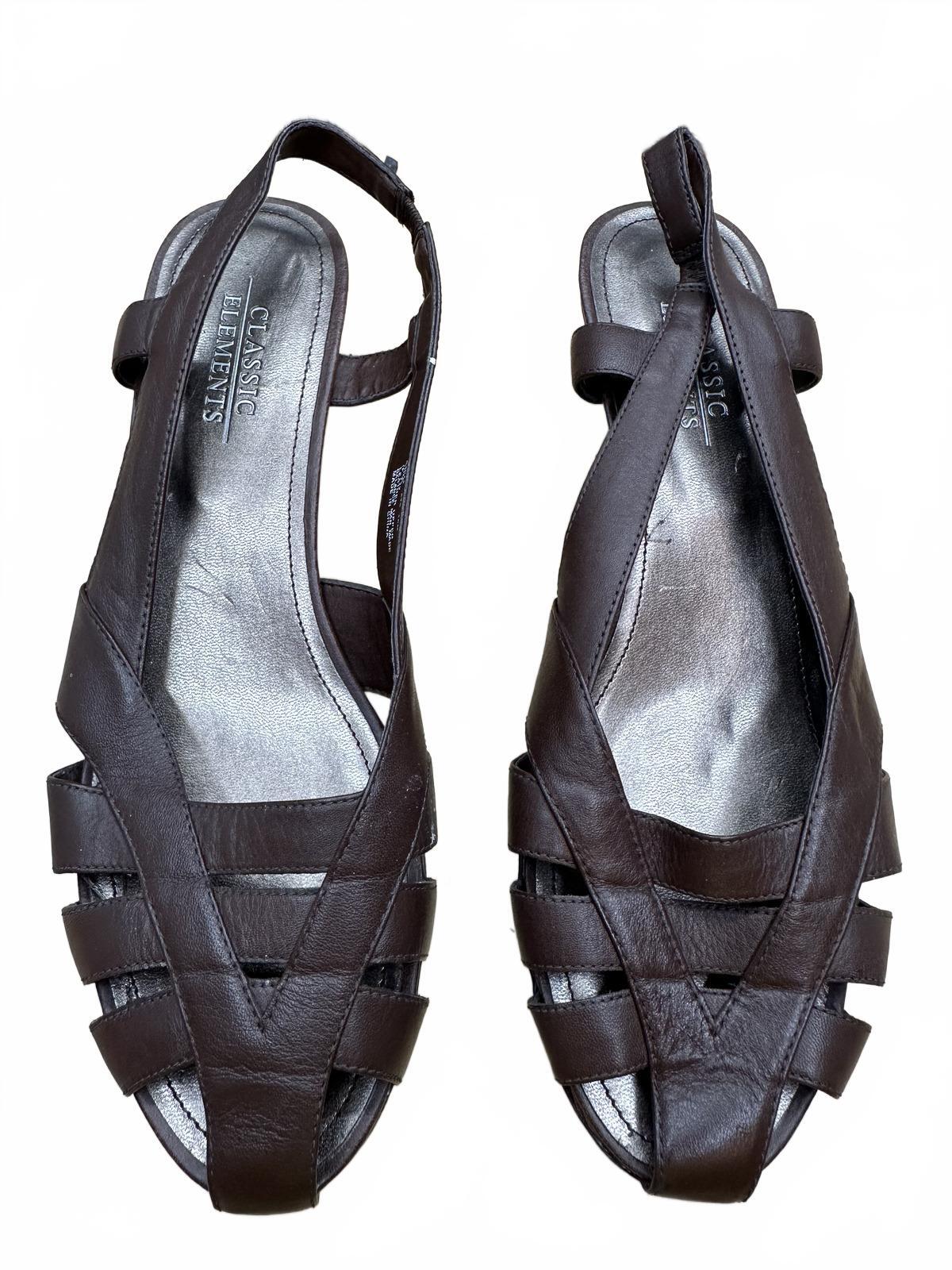Classic Elements Brown Leather Slingback Sandals Vintage Woven Design