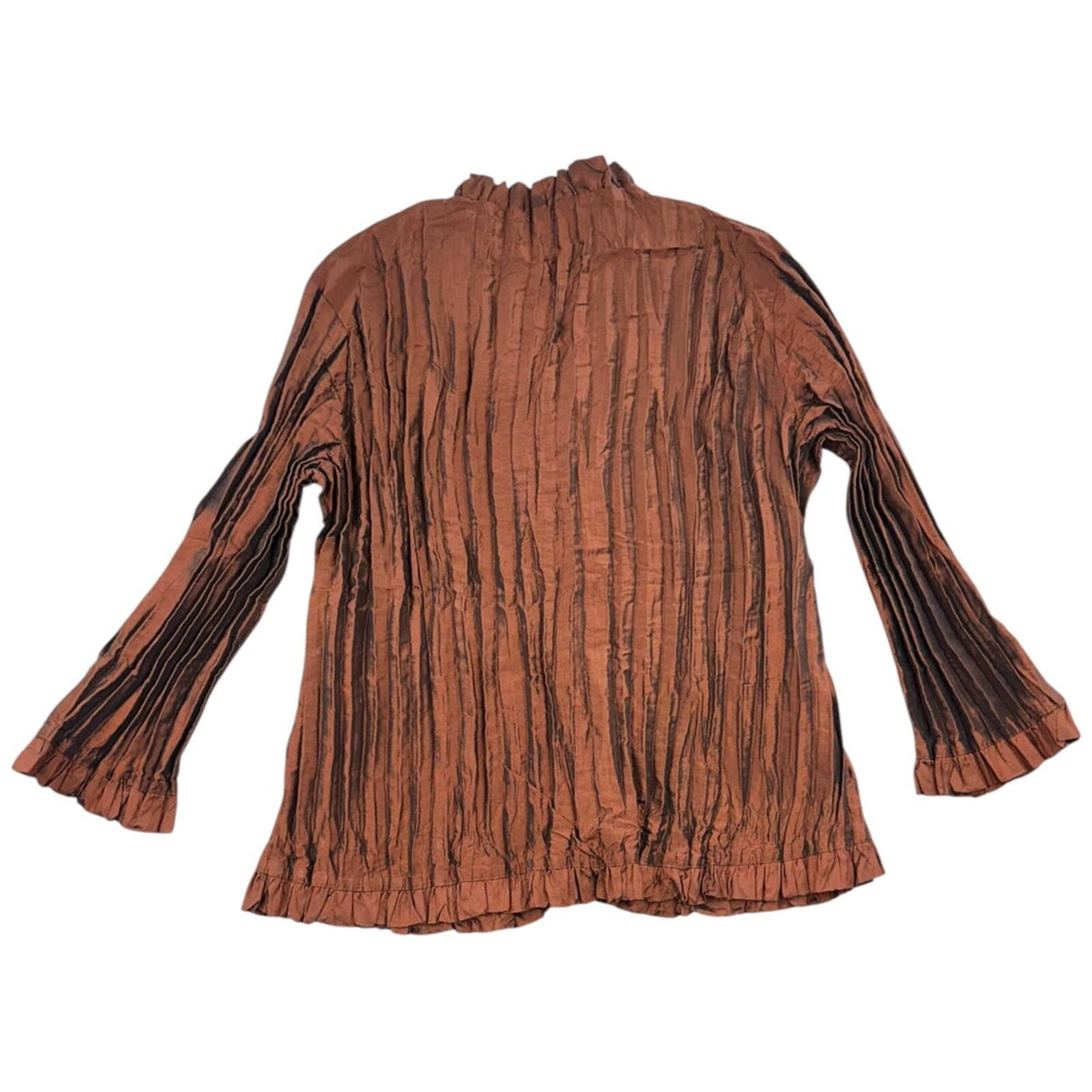 Agora Metallic Copper Accordion Pleated Blouse with Ruffle Trim