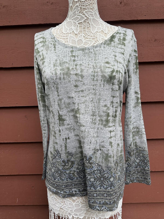 One World Boho Y2K Tunic Top Gray Olive Paisley Long Sleeve Festival