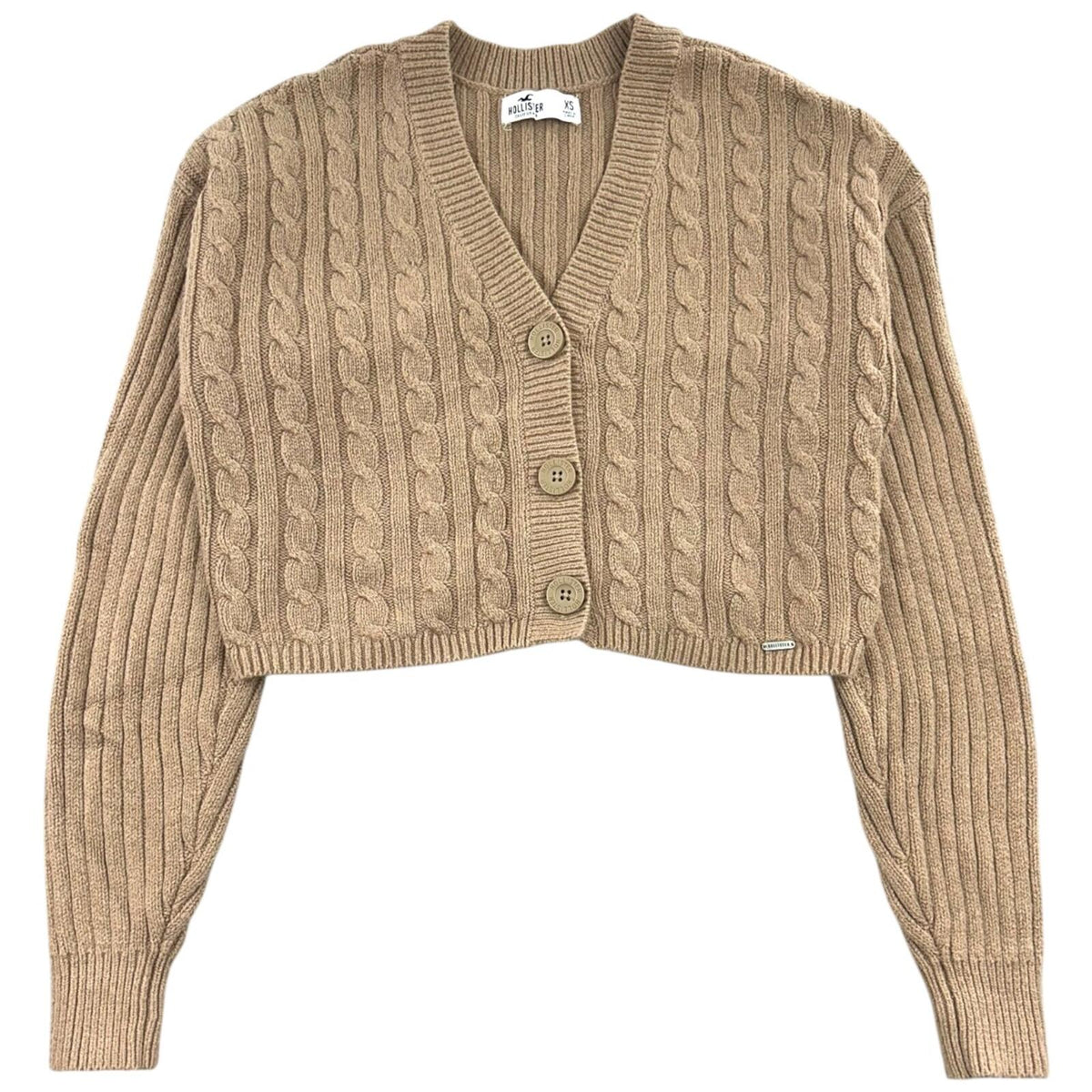 Hollister Co. Cropped Cable Knit Cardigan Sweater in Warm Camel Tan