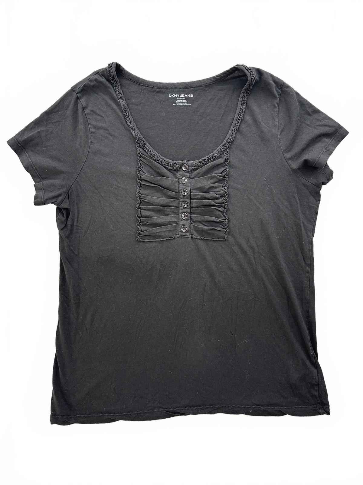 DKNY Jeans Black Short Sleeve Top with Button and Ruched Detail