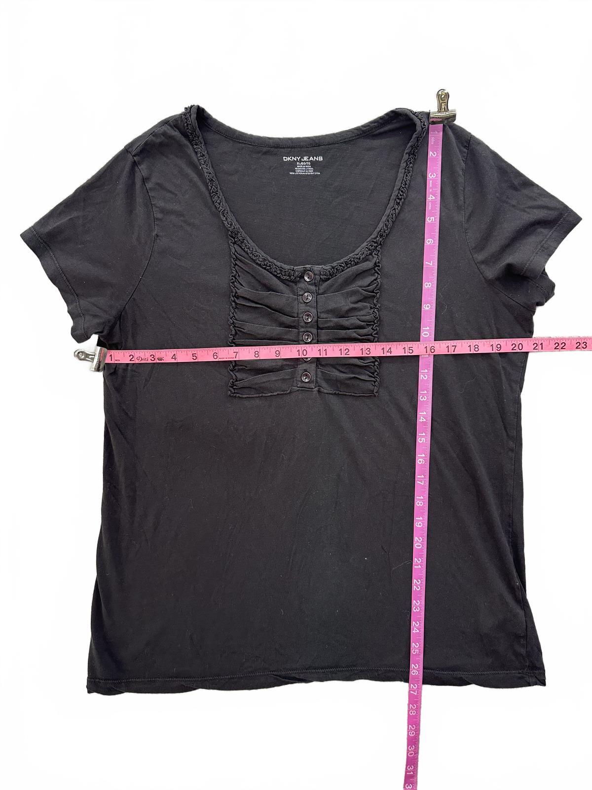 DKNY Jeans Black Short Sleeve Top with Button and Ruched Detail
