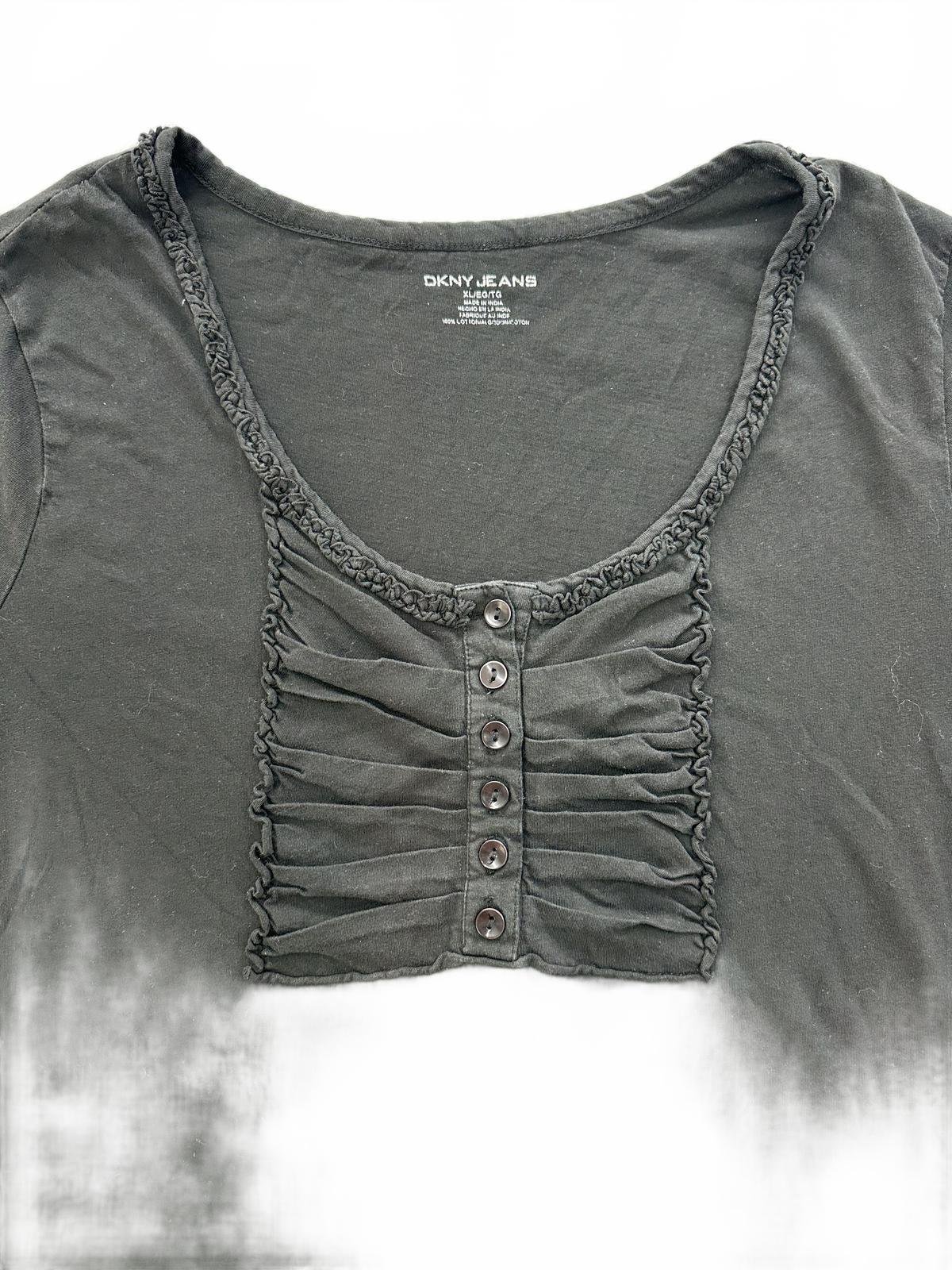 DKNY Jeans Black Short Sleeve Top with Button and Ruched Detail